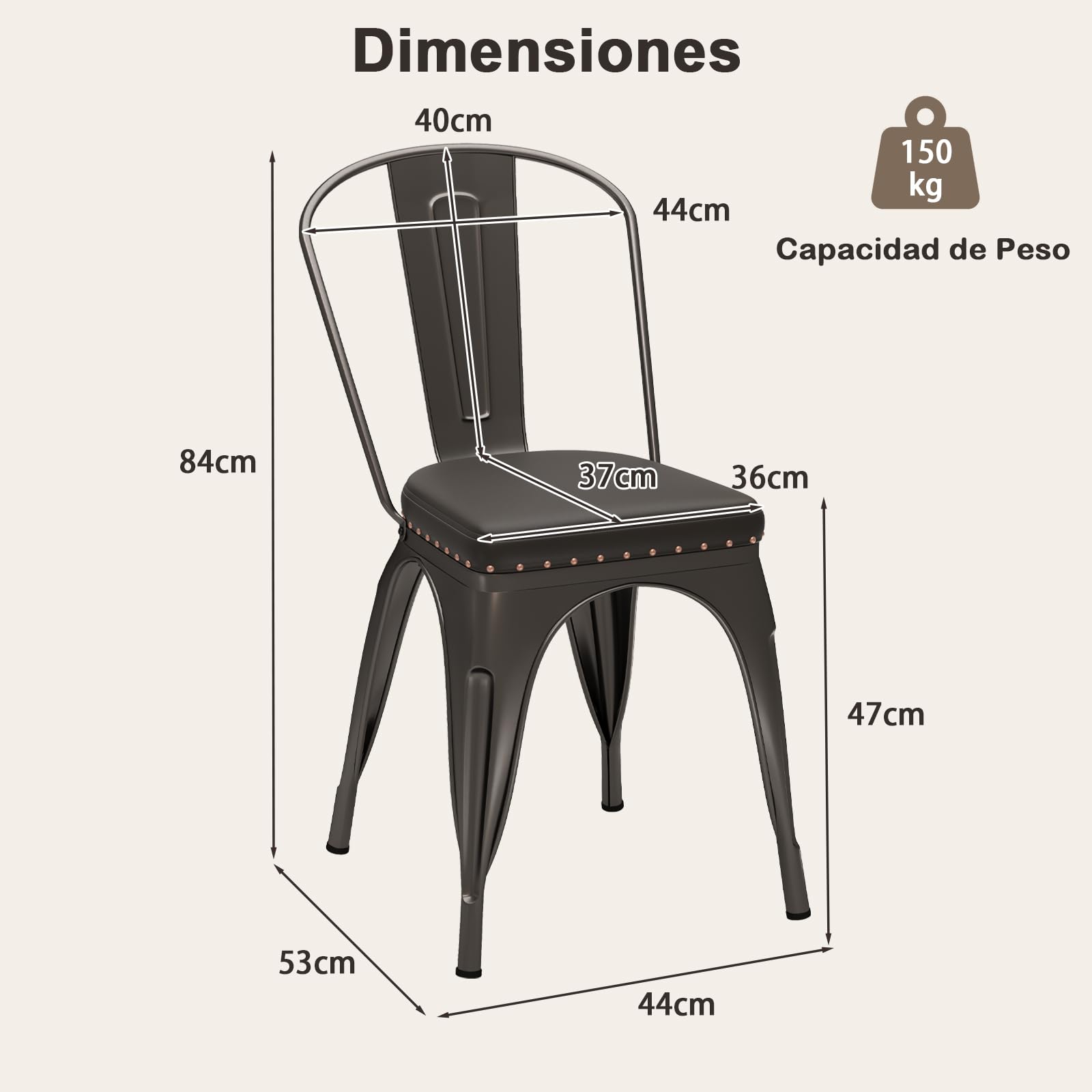 GIANTEX Juego de 4 Sillas de Comedor de Metal Apilables, Asiento Acolchado y Respaldo Desmontable, Carga hasta 150 kg, Sillas de Estilo Industrial para Restaurante, Cafetería, Bistró (Marrón)