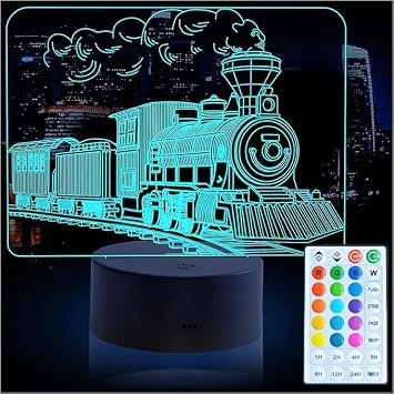 Train Night Light, 16 Color 3D LED Night Lamp for Boys - Trains Themed Bedroom Lamps, Optical Illusion Lamp with Remote Control, Perfect for Kids Room DecorSteam Train 2