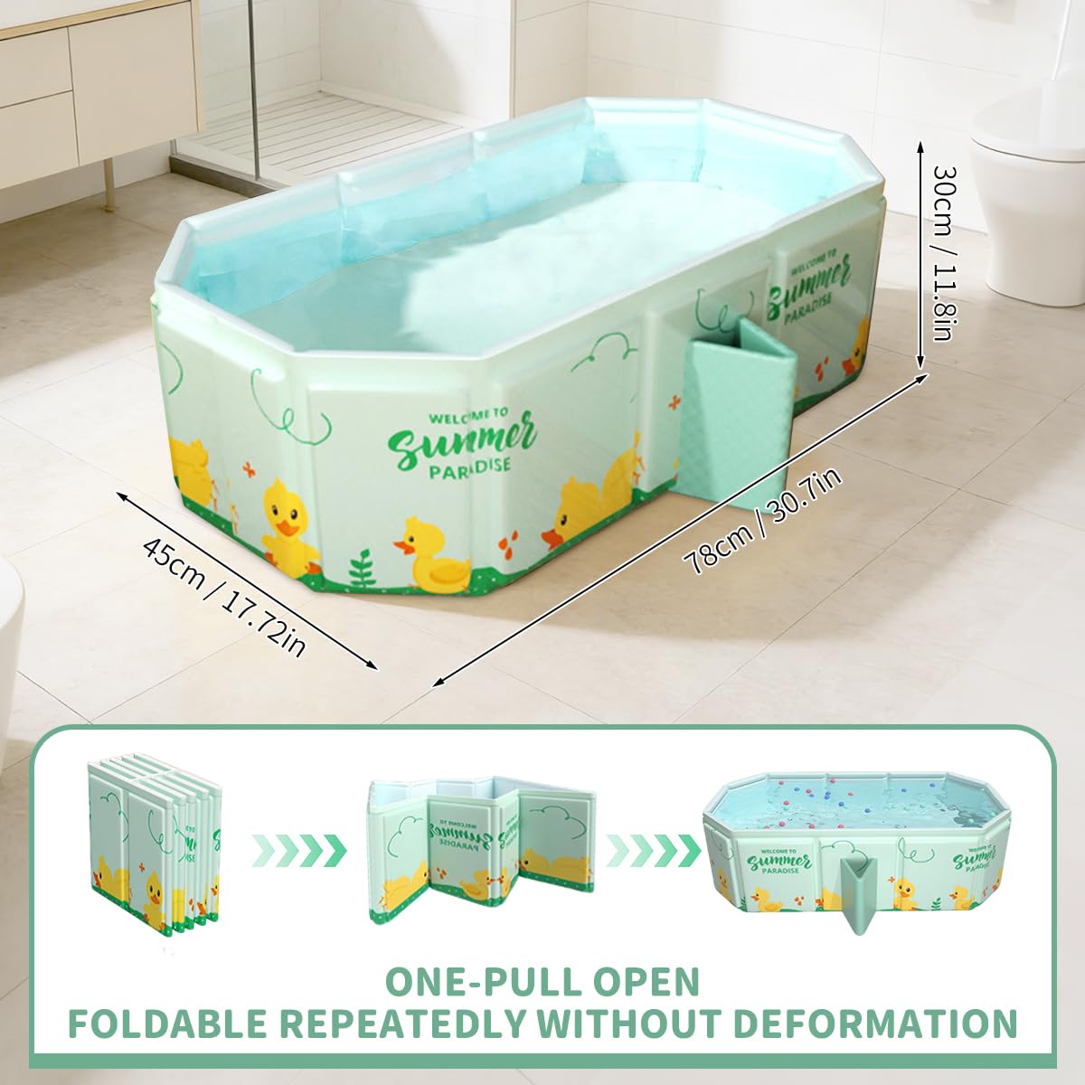Bañera plegable para Niños, Bañera Grande para Niños Pequeños,Bañera Portátil con Juguetes para Niños,Trae 5 pelotas oceánicas y 2 patitos de goma gigantes (Azul)