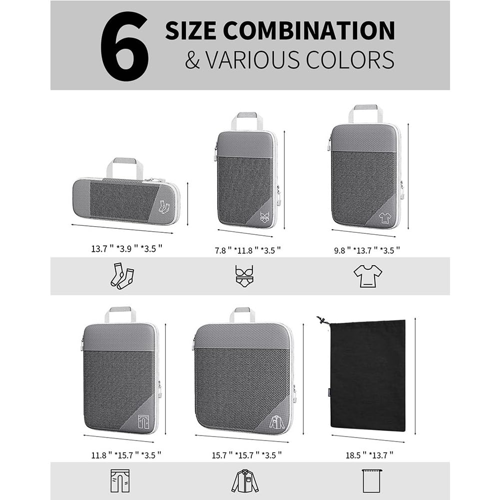 Genérico Bolsas Juego de 6 Cubos de compresión para organizar el Equipaje: Juego de Viaje de Malla expandible con Zapato, Maleta Ligera