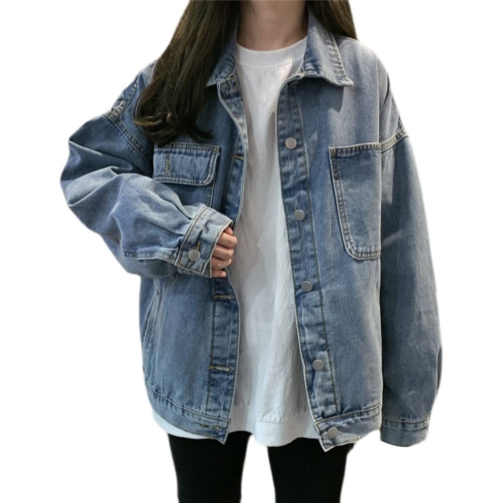 GuiSoHn Denim Jacket Jean Jacket Women'S Spring Autumn Winter Loose Retro Denim Jacket Blue