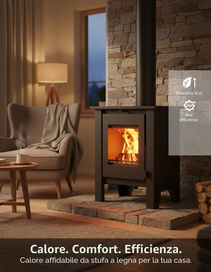 NEMAXX® H8 Stufa a Legna Ventilata Tipo Camino Nera 7,6 kW per 50–90 m² – Ventilatore Aria Calda Tangenziale 2 Livelli – Aria Primaria/Secondaria – Classe Energetica A 76% – Ø 150 mm