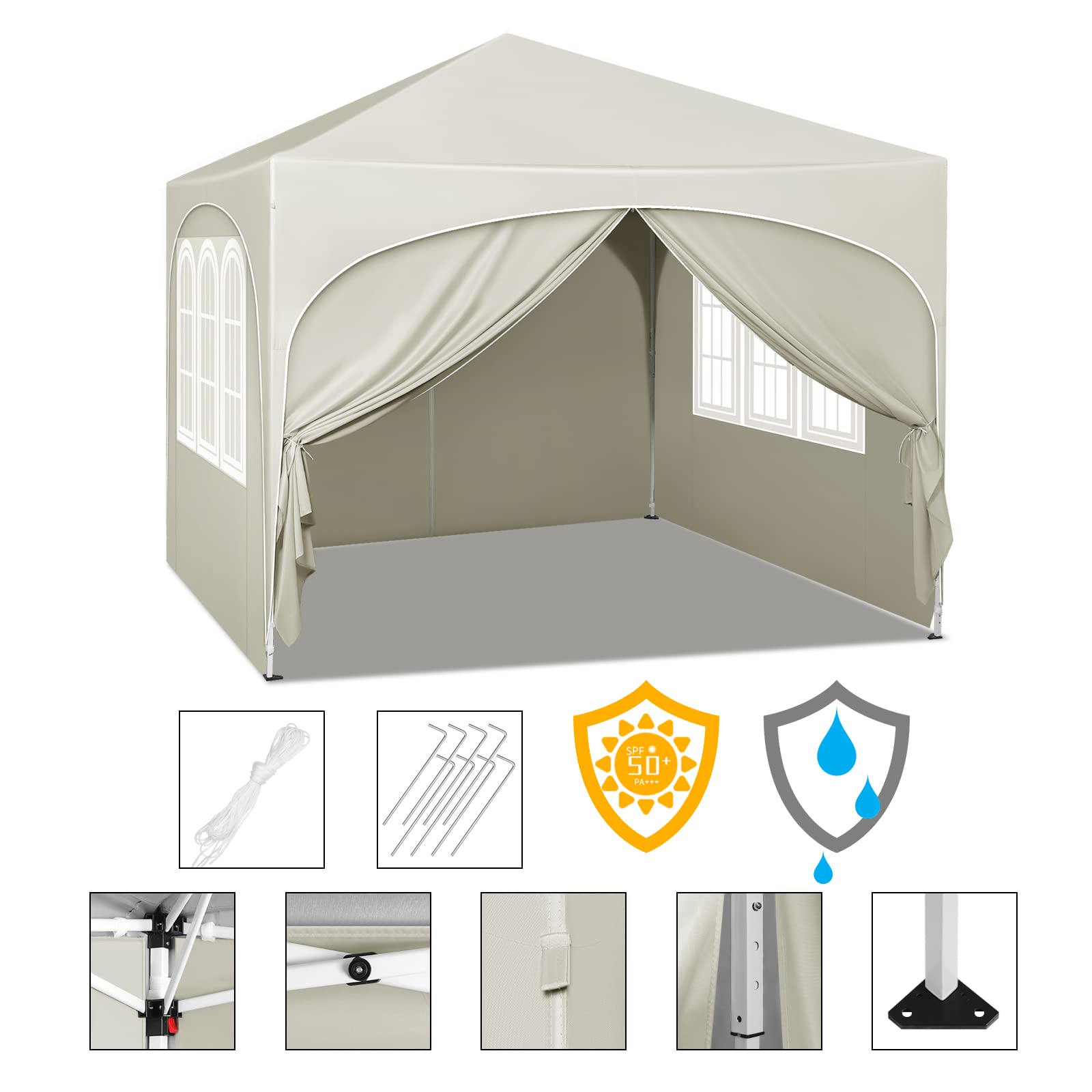 WOLTU Gazebo Pieghevole da Giardino, Gazebo Idrorepellente Pop Up da 3x3m Pannelli Laterali, Tendone Esterno, Altezza Regolabile, Protezione UV, con Custodia Beige