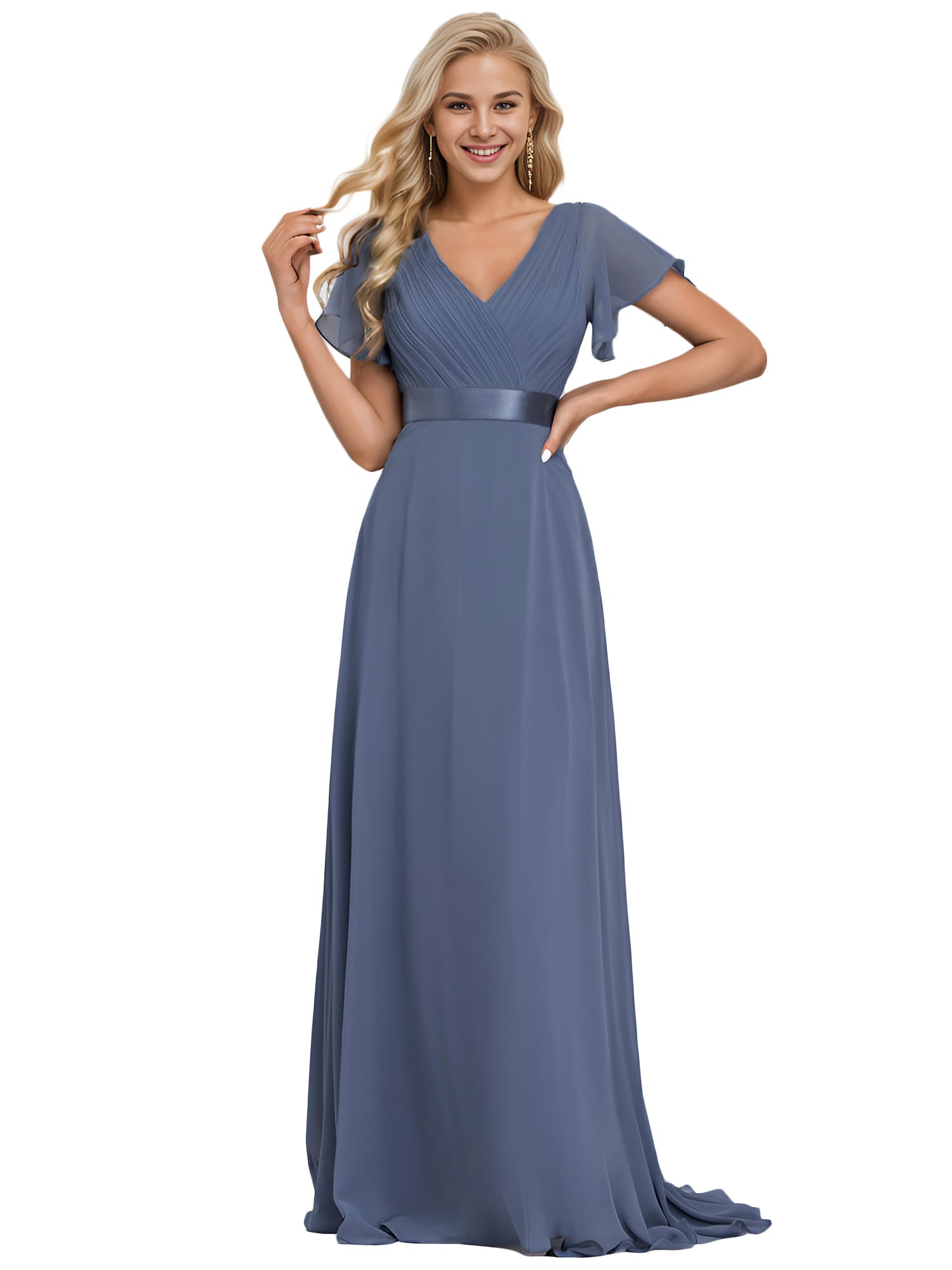 green emerald velvet dress Chiffion Empire Waist Floor Length V Neck Wholesale Evening Dress with