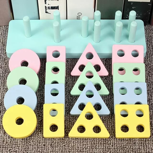 MURTISIDDH Wooden Shapes Geometric Board Blocks Sorting and Stacking, Montessori Education Colour Recognition Toys for Kids - 4 Columns with 16 Pieces (Multicolour) 4