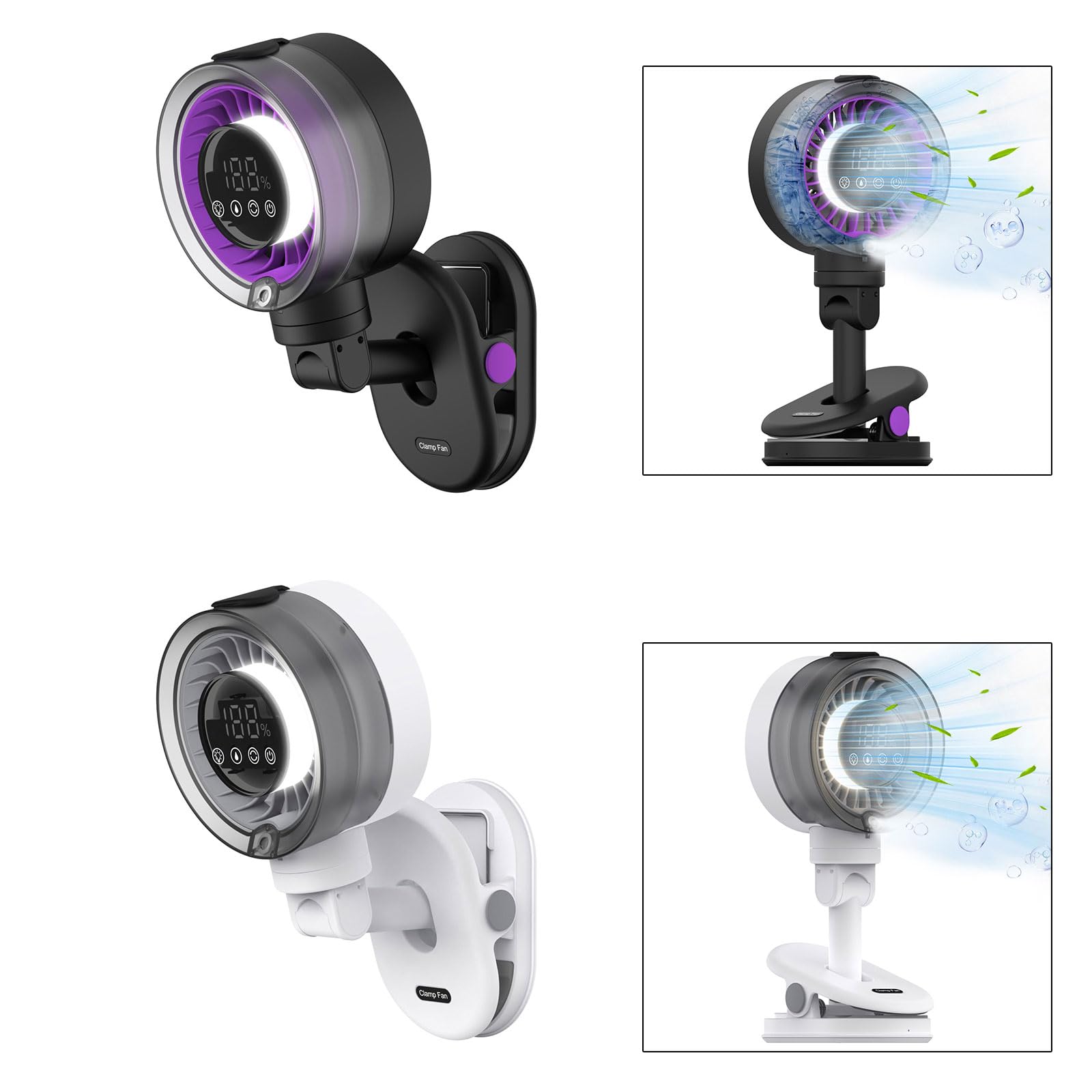 Ventilateur de bureau mural avec fonction de brumisation, ventilateur à clip rechargeable, texture pour refroidissement de petits espaces, fixation rechargeable