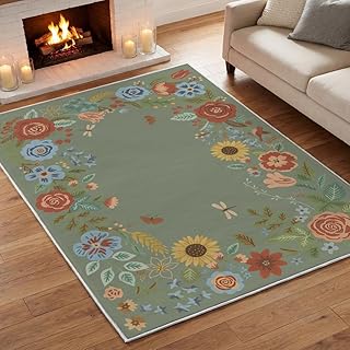 Artoid Mode Green Sunflower Floral Spring Area Rug, Summer Home Decor Lo...