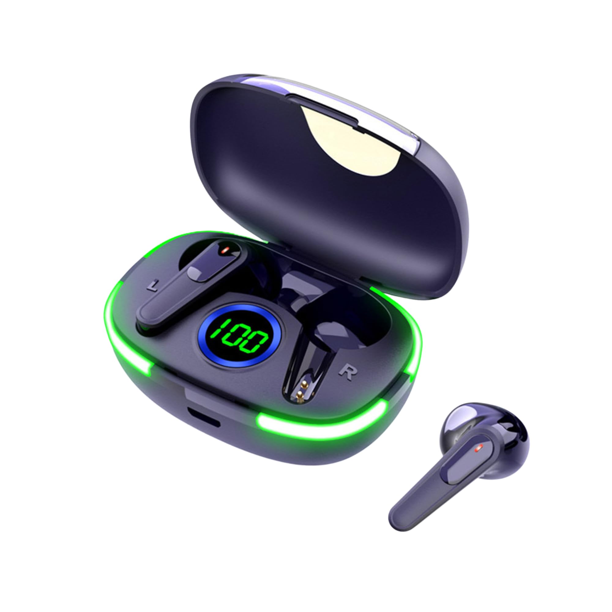 Laser TWS Earbuds in charging case with one earbud removed