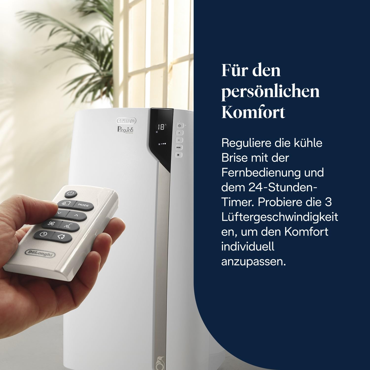 De'Longhi Pinguino Extreme - Mobiles Klimagerät, für Räume bis 33,5 m², mit Luftentfeuchter & Ventilator, 8900 BTU, Leiser Betrieb, Eco-Real-Feel, 24h-Timer, Energieeffizienzklasse A+ (PACEX93)
