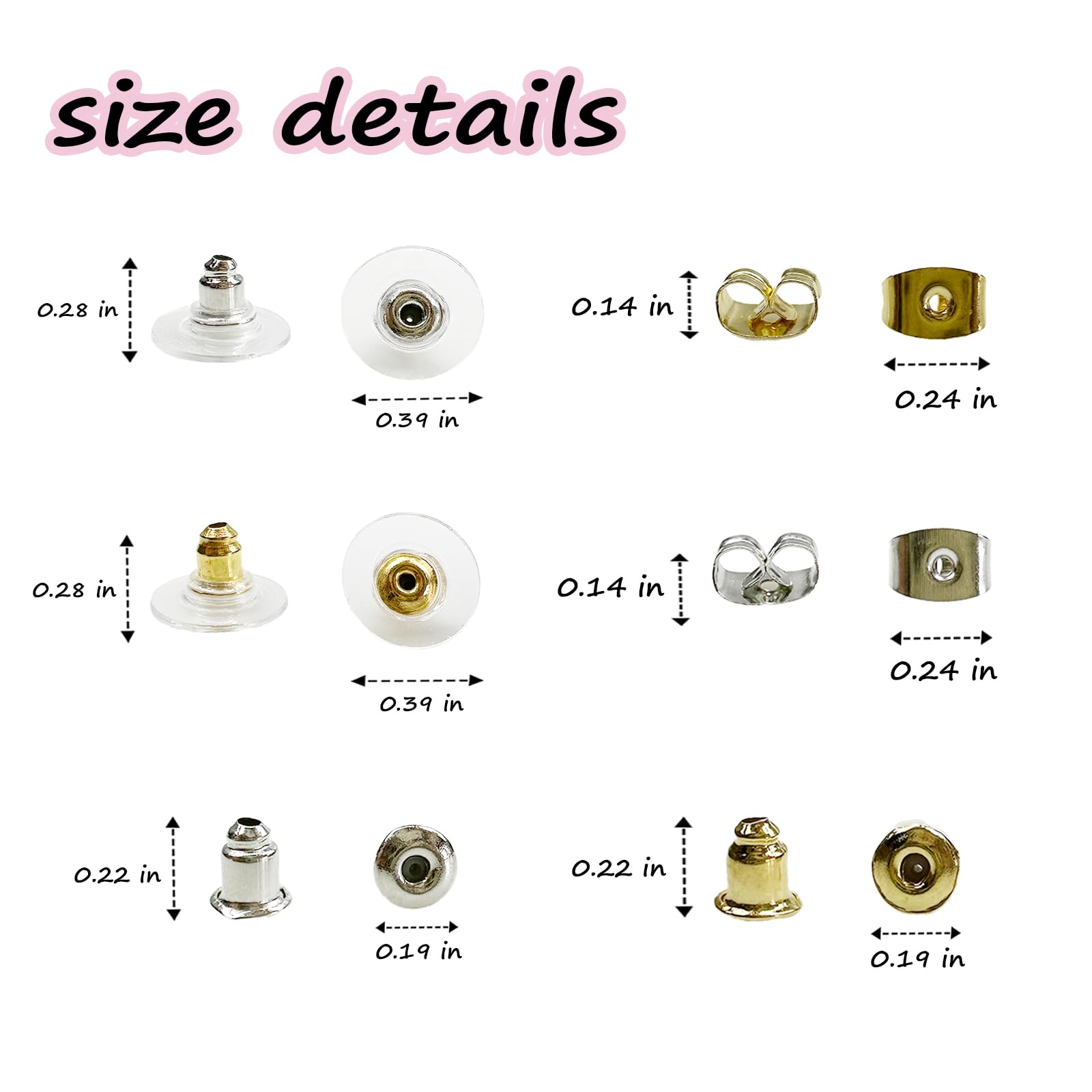 Mevodeata Earring Backs - 6 Styles, 170 Pcs, Hypoallergenic Metal, Bullet Shape Safety Earring Backs Replacements for Studs, Hoops