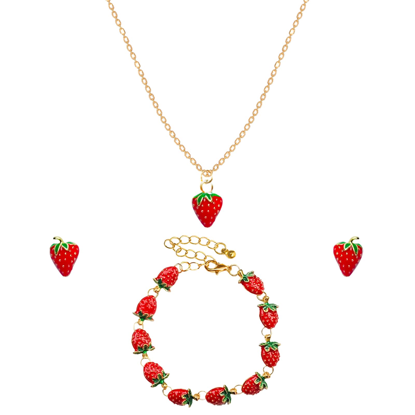 ownmysty Strawberry Necklace Earrings Bracelet Set, Christmas Gifts Stocking Stuffers for Women, Cute Fruit Charm Trendy Jewelry Gifts for Her,