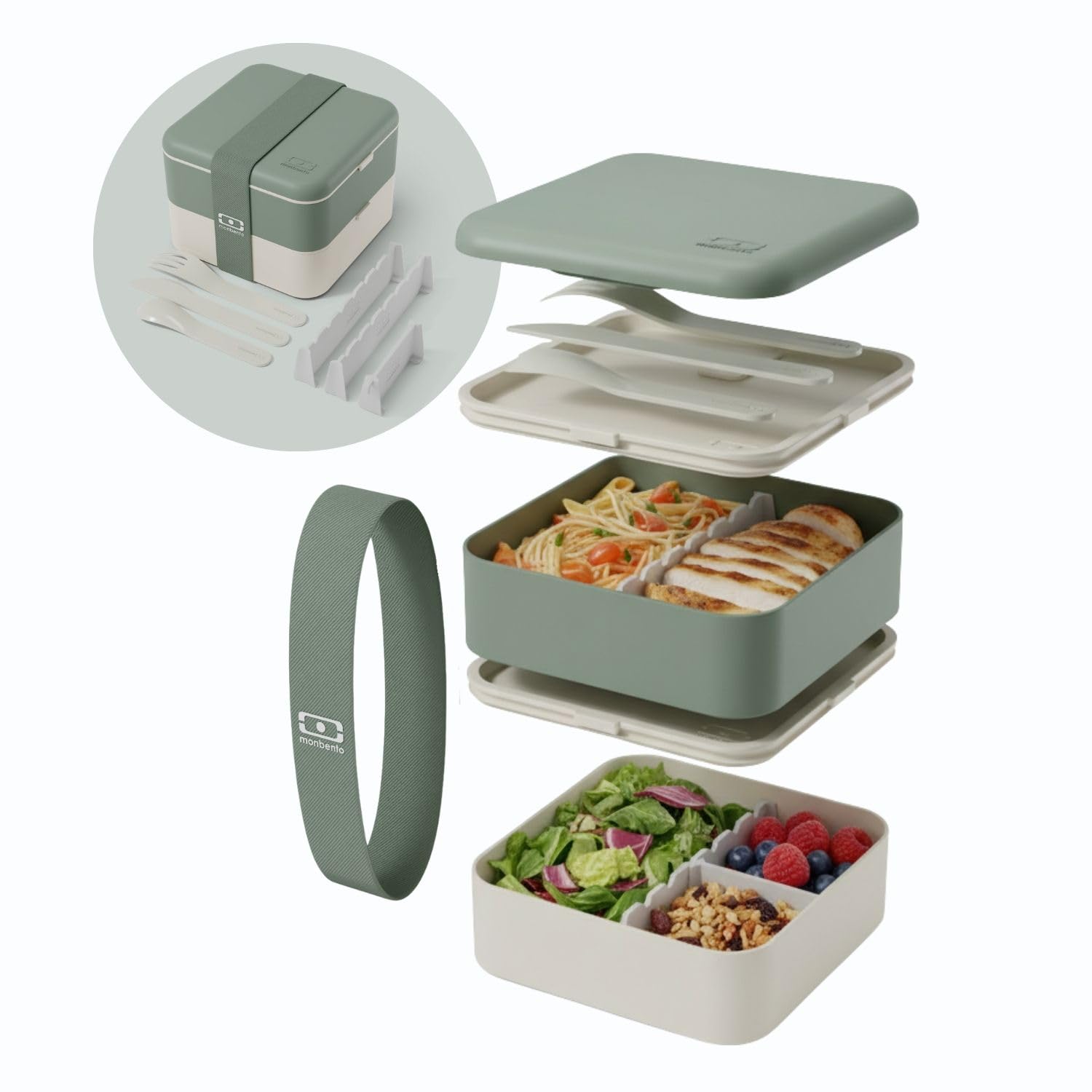 monbento - Lunch Box Adulti Flex Verde Naturale - Porta Pranzo 1 L a 2 Livelli Modulabile - Bento Compartimentato con Posate Incluse - Ermetico e Senza BPA - Perfetta per Meal Prep e Ufficio