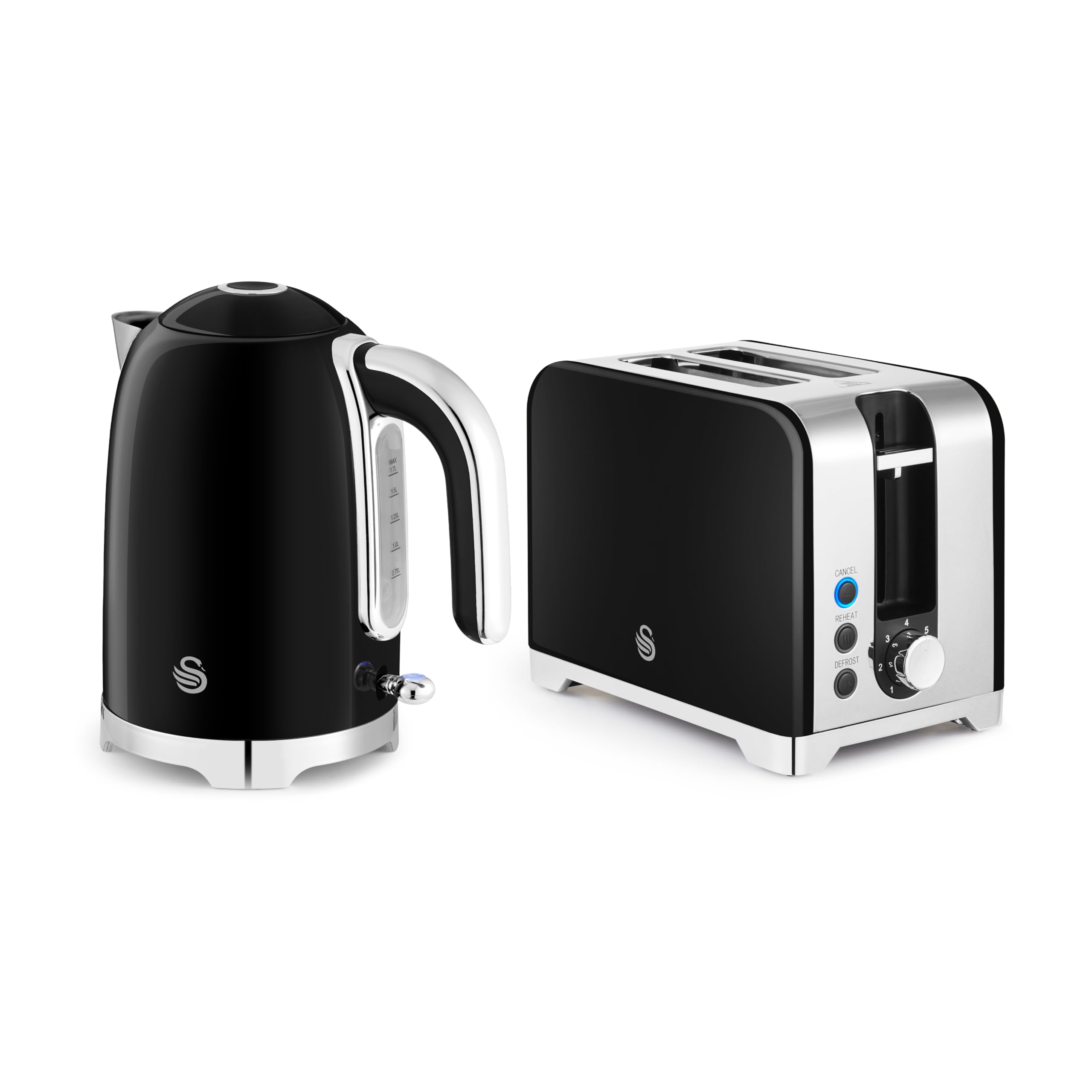 Swan Solace Kitchen Set, 1.7L Kettle, 930W 2 Slice Toaster, SK19026BLK + ST1903BLK, Black
