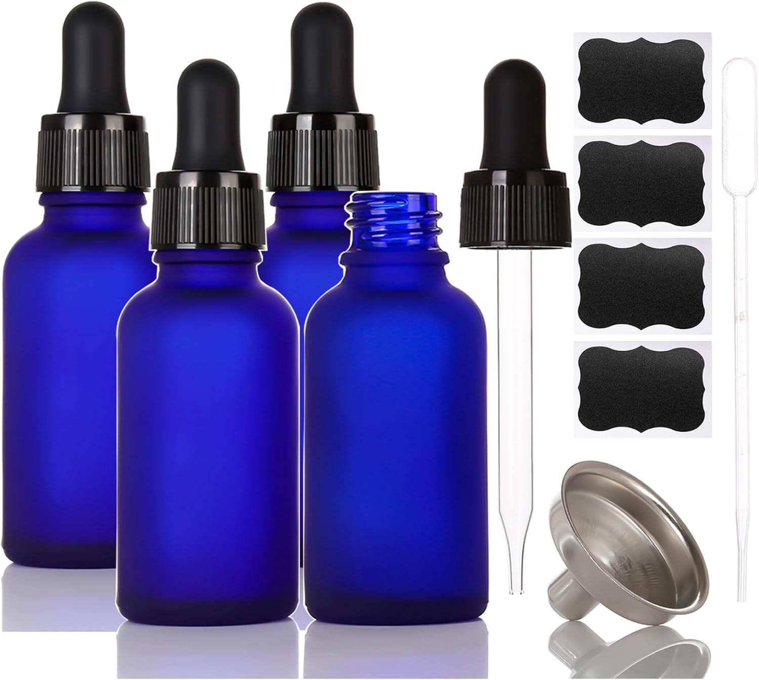 1 oz Frosted Blue Glass Dropper Bottles,4 Pack 30ml Empty Reusable Leak Proof Thick Tincture Bottles for Essential Oils,Hair Oil,Liquids,Laboratory,Pharmacist Bottle,Perfumery Aromatherapy