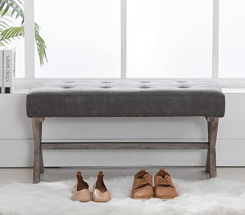 Miniatura 3 de chairus Asiento de banco de entrada tapizado de tela, asiento de banco de dormitorio de 36 pulgadas con patas de madera en forma de X para sala de