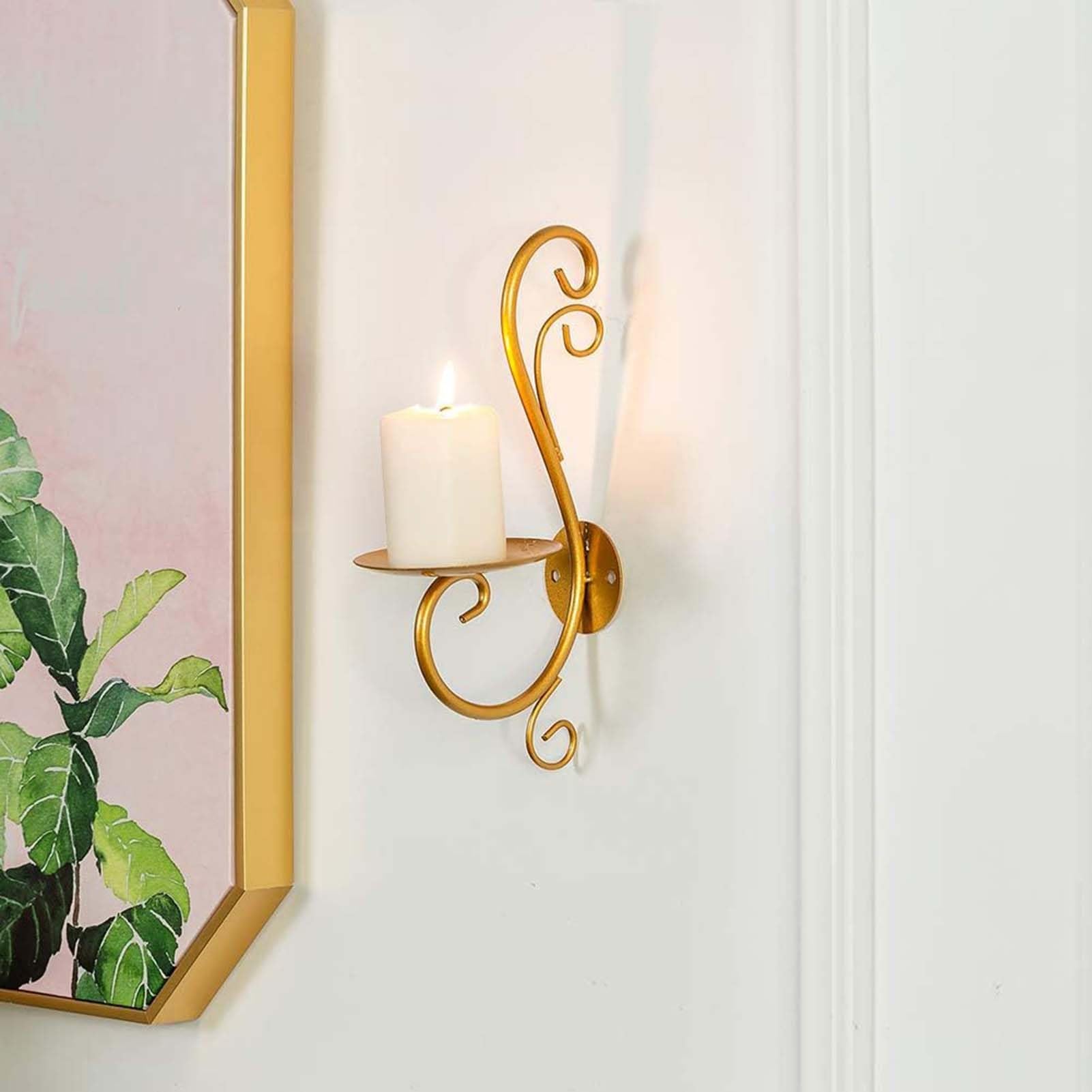 Set Mit 2 Wandmontierten Kerzenhaltern Aus Metall, Wandleuchter Aus Eisen Für Kerzen, Kerzenständer Für Stumpenkerzen Zur Dekoration Von Wohnzimmer, Schlafzimmer Und Badezimmer(Gold)