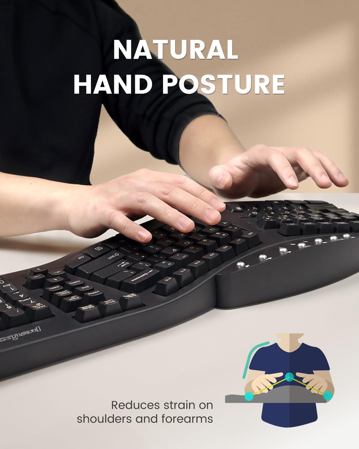 Perixx PERIBOARD-512 ergonomiczna łamana przewodowa klawiatura USB, 7 klawiszy multimedialnych, w kolorze czarnym, układ klawaitury: US QWERTY