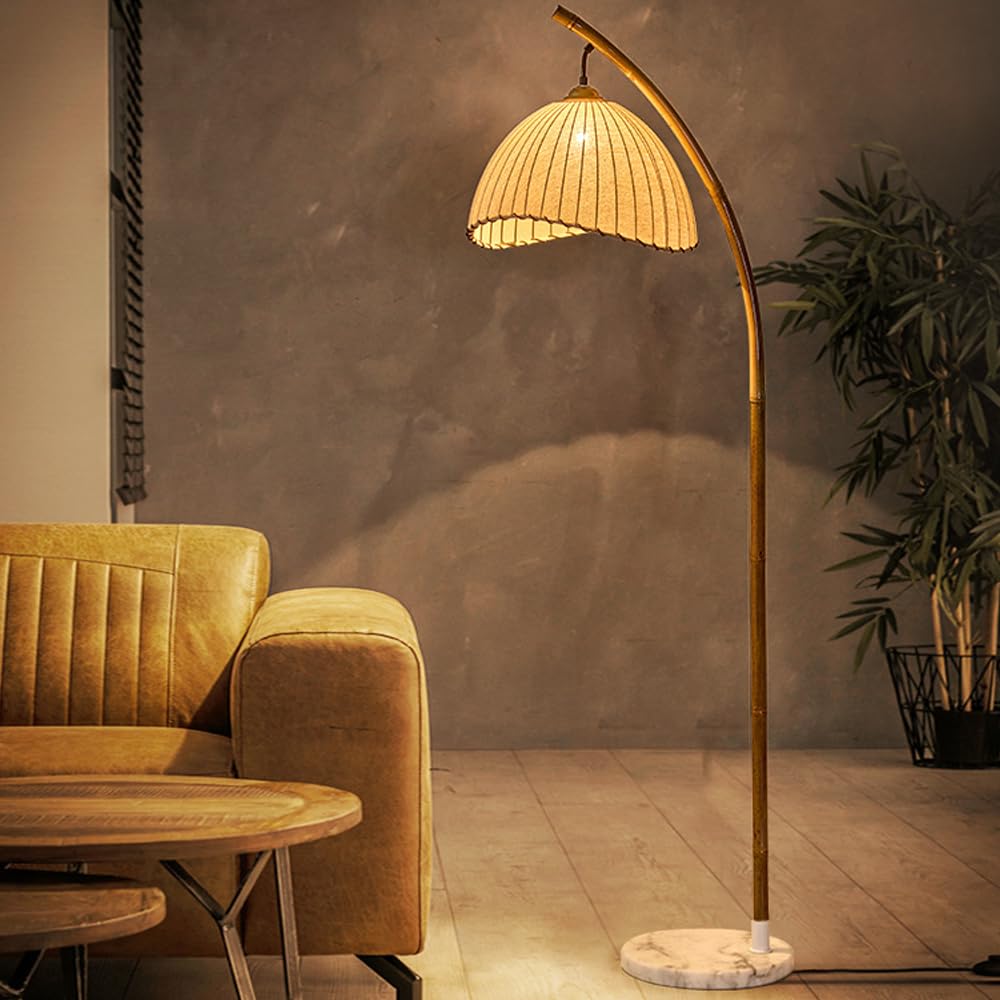 KlkrzJwy Mid Century 61" Linen Floor Lamp Marble Base Floor Light Arc Brown Tall Lamp With Iron Body E26 Dimmable Standing Light For Sofa Area Tea Room Meeting Room Office
