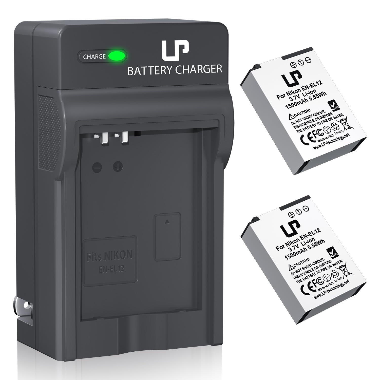 LP EN-EL12 Battery Charger Pack, 2-Pack 1500mAh Batteries for Nikon Coolpix A1000, B600, Coolpix AW130, A900, W300, S1200pj, S9900, S9500, S9300,
