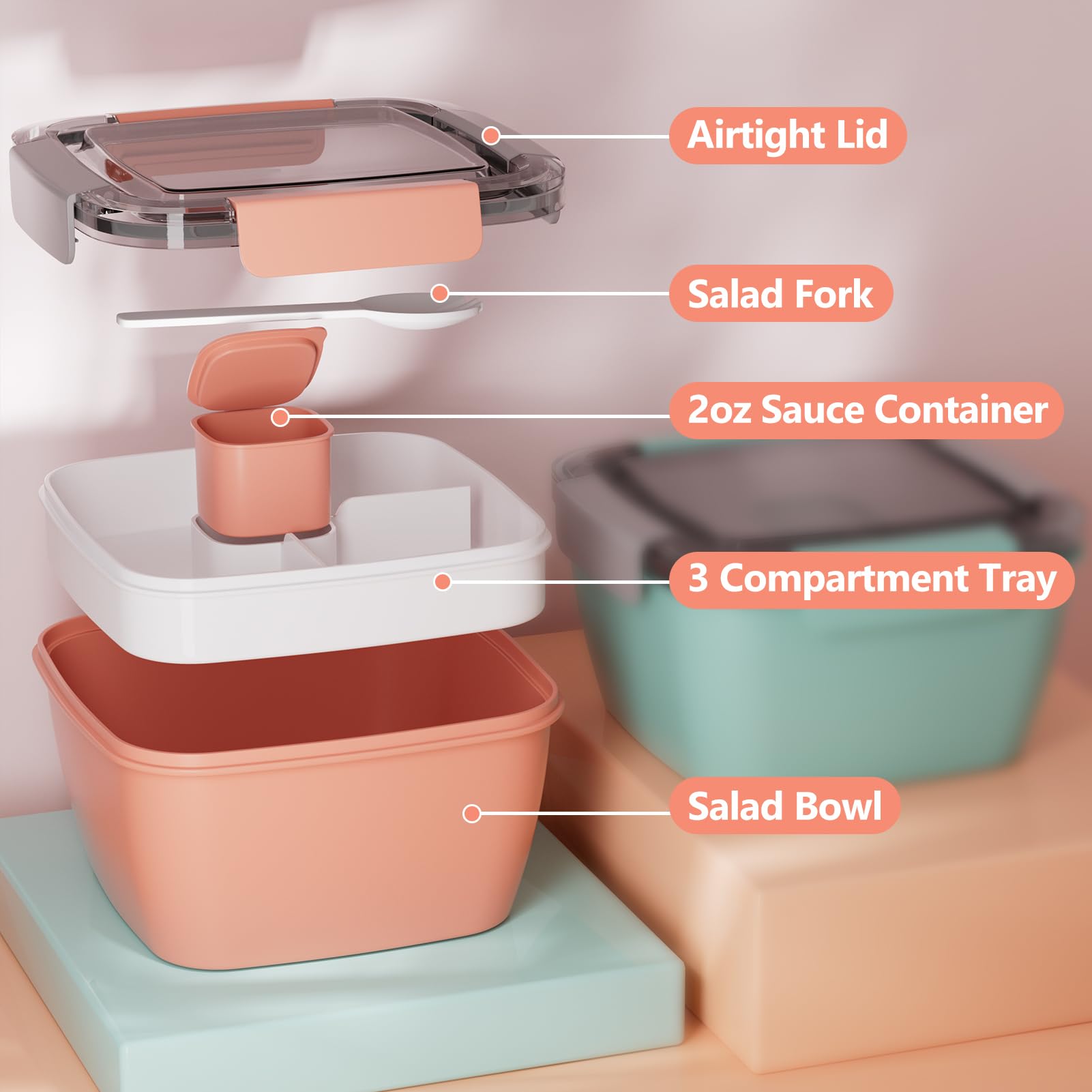 Cherrysea Contenedor de almuerzo para ensalada, paquete de 2 cuencos de ensalada con bandeja de 3 compartimentos, lonchera a prueba de fugas con tenedor para hombres, mujeres, contenedor de aperitivos