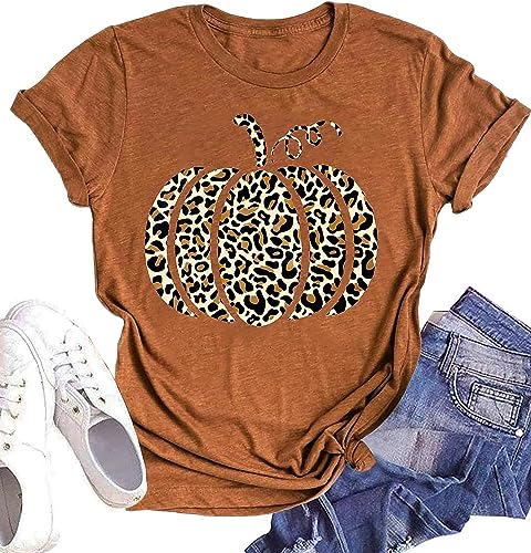 Woffccrd Womens Funny Leopard Pumpkin Printed Shirts Halloween Short Sleeve Graphic T-Shirts Tops (L,23XJBW Brown)