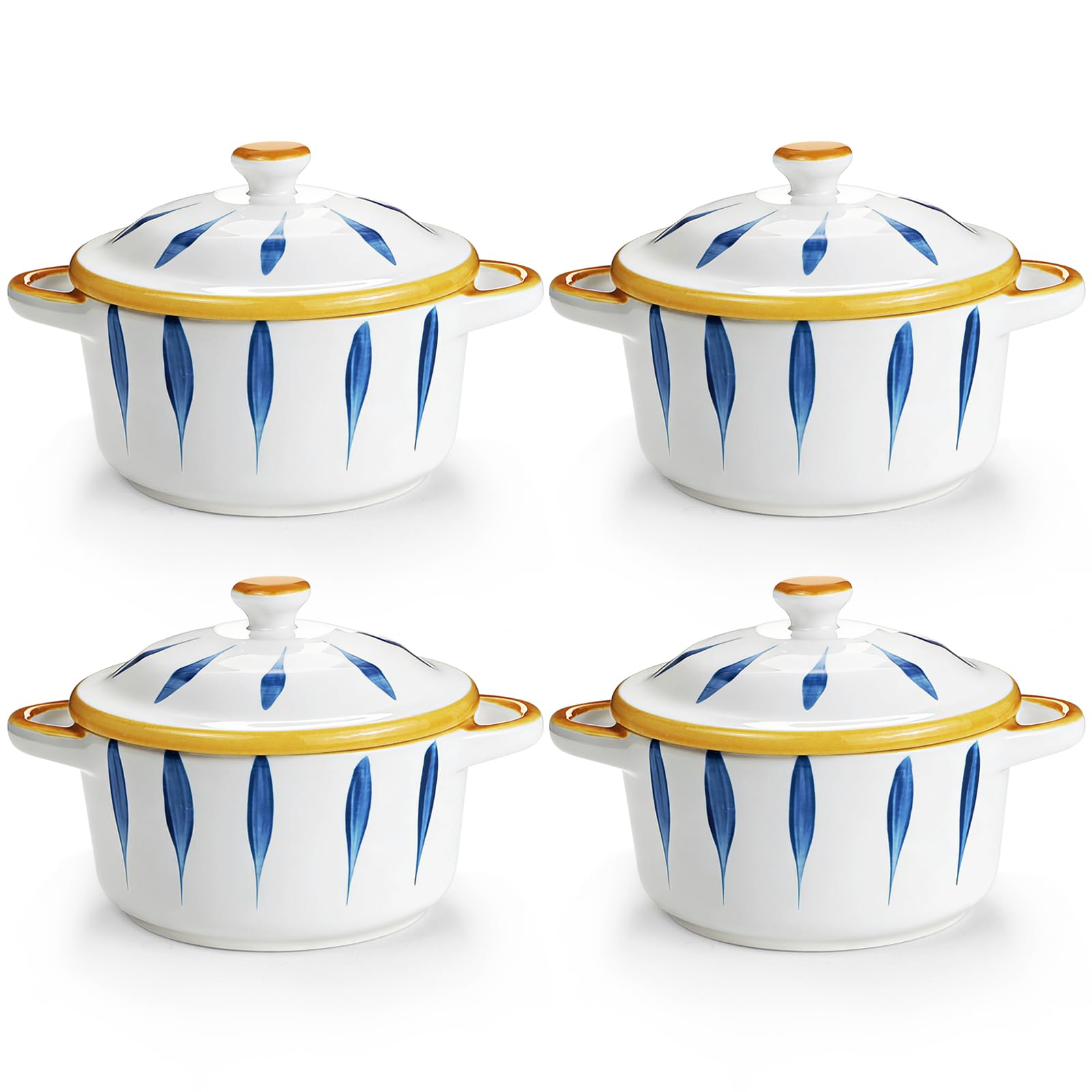 Aleker Casserole Dish with Lid and Handle Set of 4, 250ml Ceramic Ramekins Oven Soup Bowls, Stew Bowls Serving Bowls for Soup, Stews, Cereal, Lasagna, Soufflé, Brulee Ramekins Oven Dishwasher Safe