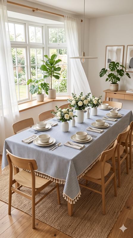 WWW.THROWPILLOW.IN Blue and White Striped Dining Table Cover with Tassels Trim, Cotton Linen Fabric for Rectangle Shape 52"x 72", Anti Skid Table Cloth for 5 Feet Center Coffee Table Cover-image-44