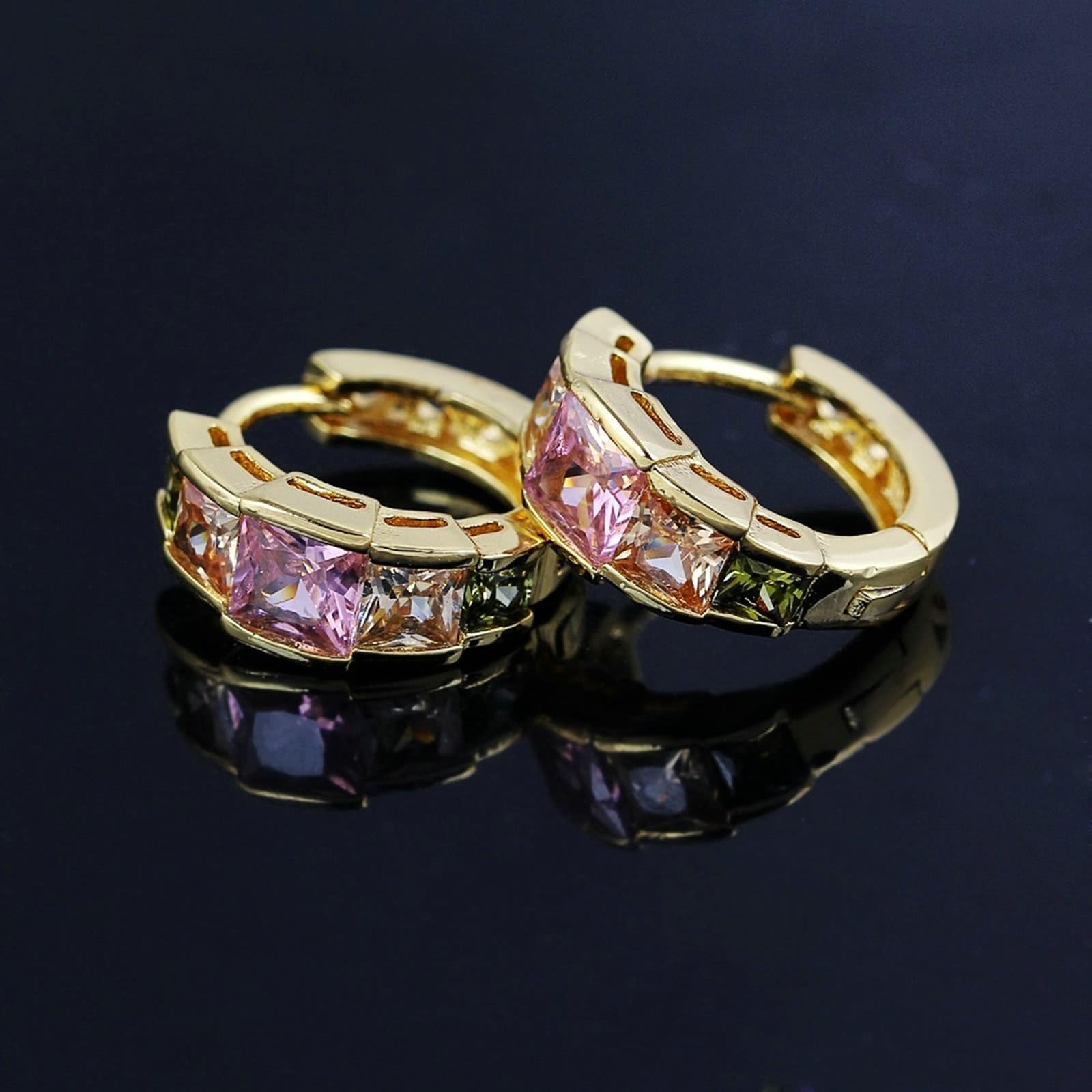 Pendientes de aro 750 de oro auténtico, pendientes para mujer, diseño hueco con cuadrado de cristal rosa, citrino, peridoto, boda, pendientes para novia, oro amarillo
