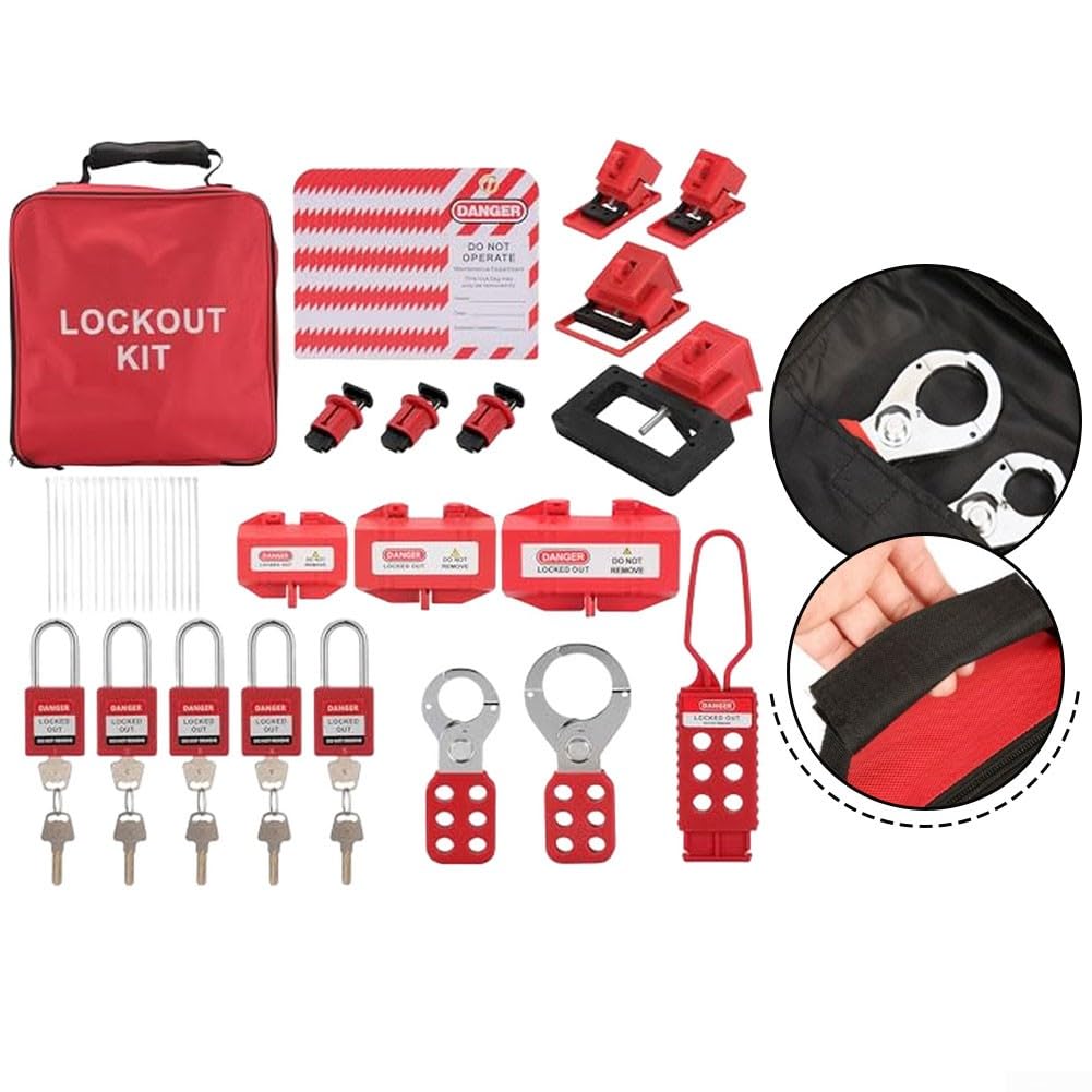 Kit di blocco con lucchetti di sicurezza e serrature per interruttori automatici, set di attrezzi elettrici per quadri industriali, include borsa per riporre e etichette