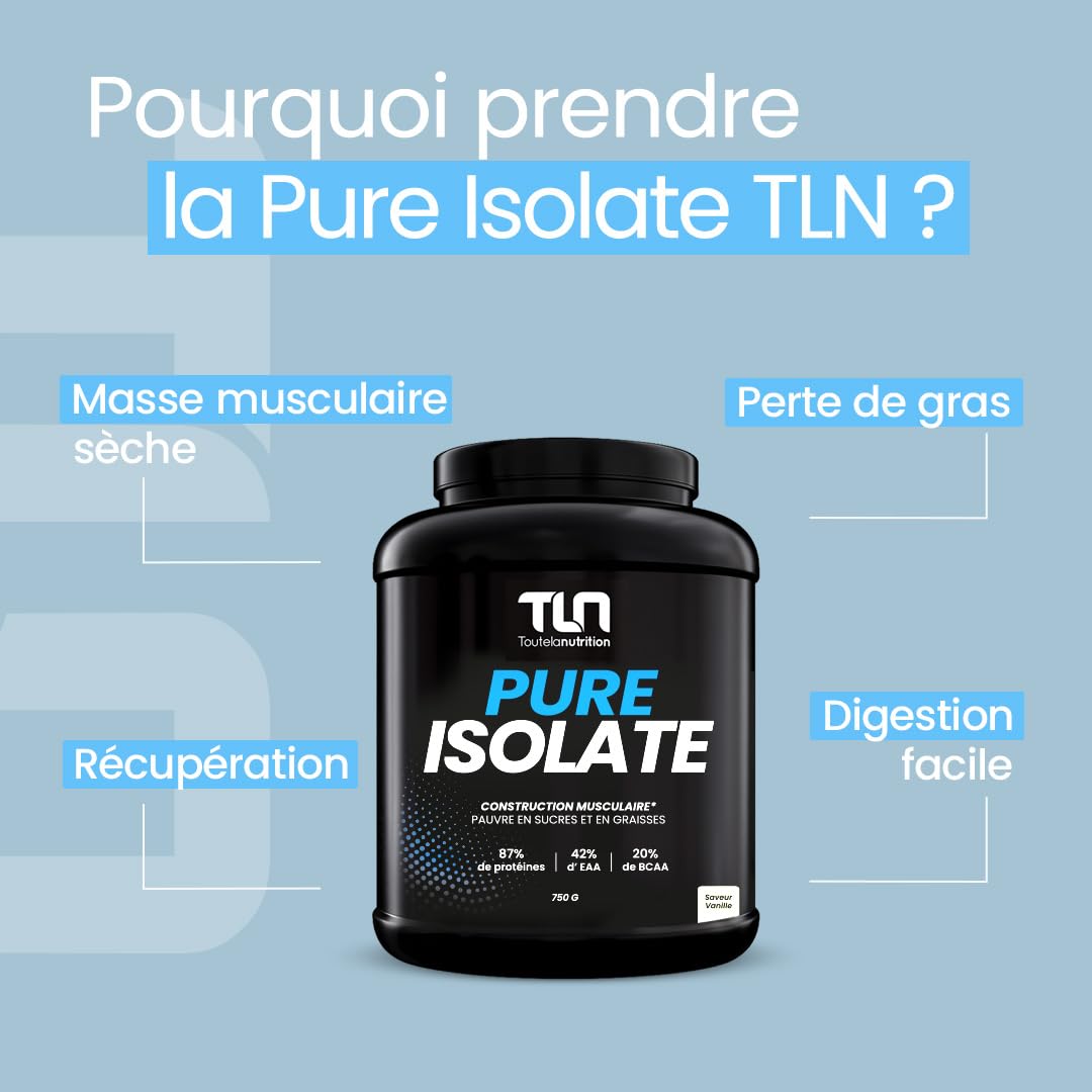 PURE ISOLATE | Isolat de protéines de Whey | Jusqu’à 88% de Protéines | Riche en BCAA et Glutamine | Protéine Musculation Rapide | Texture Onctueuse Goût Vanille | Pauvre en Lactose | 750g | TLN