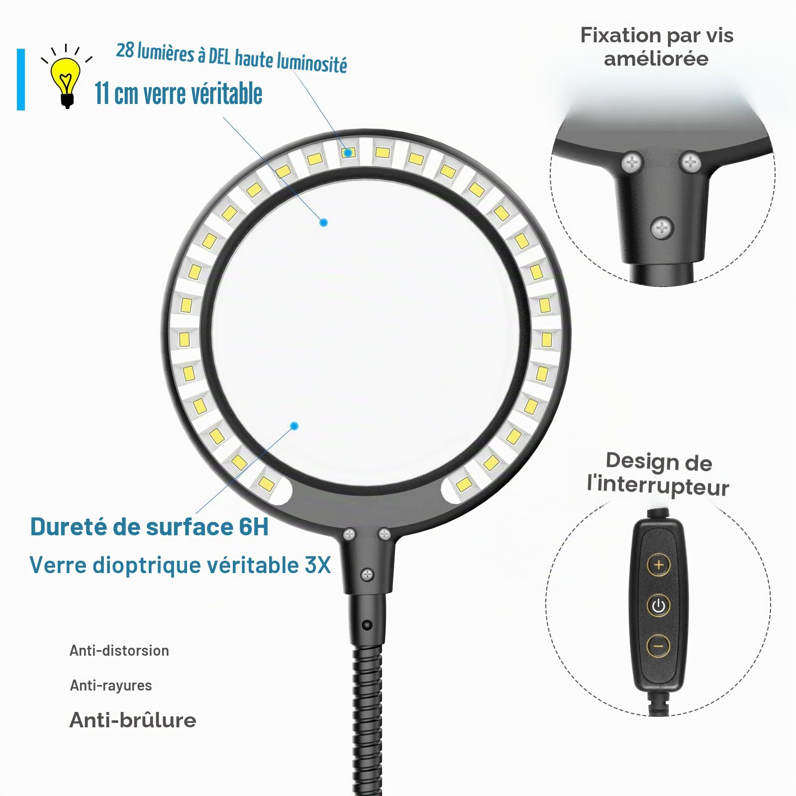 Loupe avec lumière à souder à la troisième main -Grossissement 3X -Lumière du jour -Avec lumière -Avec 28 LED à intensité variable-Base robuste-4 bras flexibles - Pour bricoler, souder, loisirs