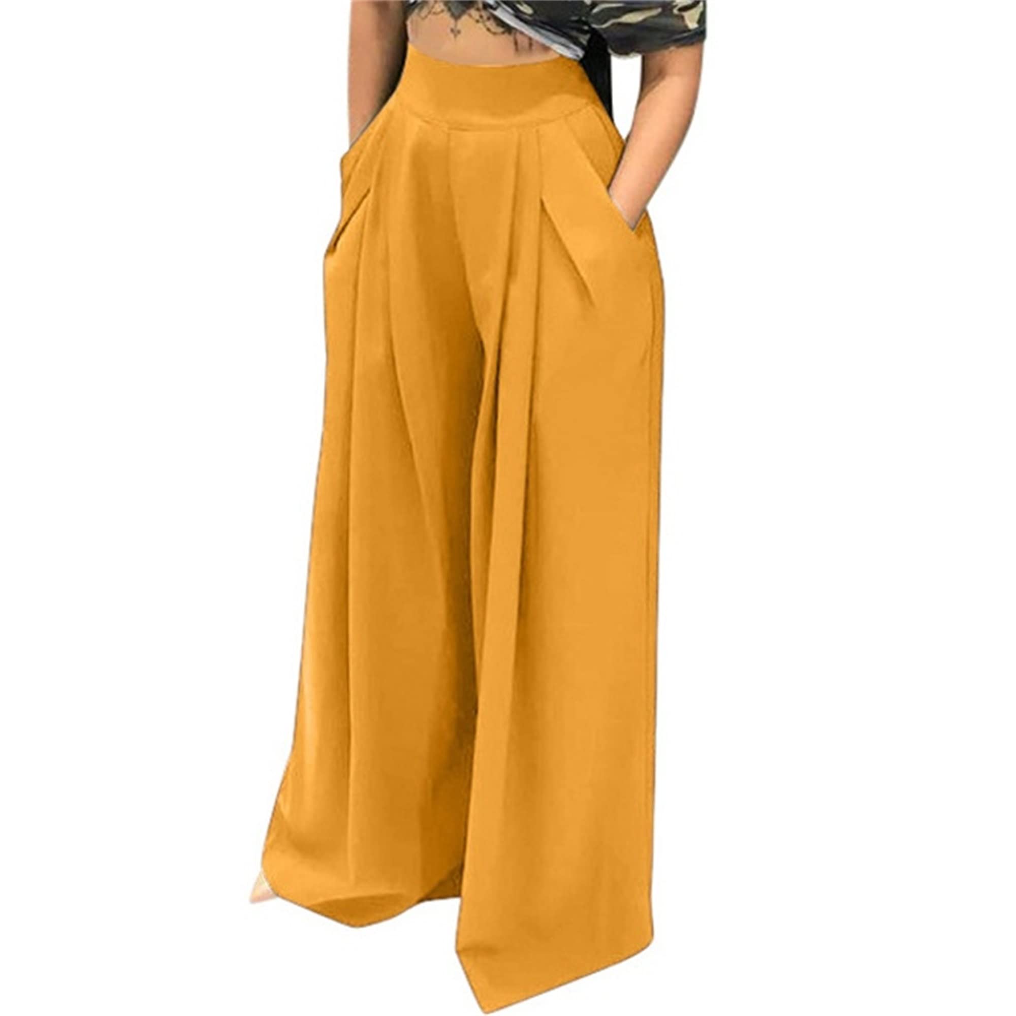 Women Palazzo Pants Solid Color High Wasit Flowy Trousers Wide Leg Long Pants