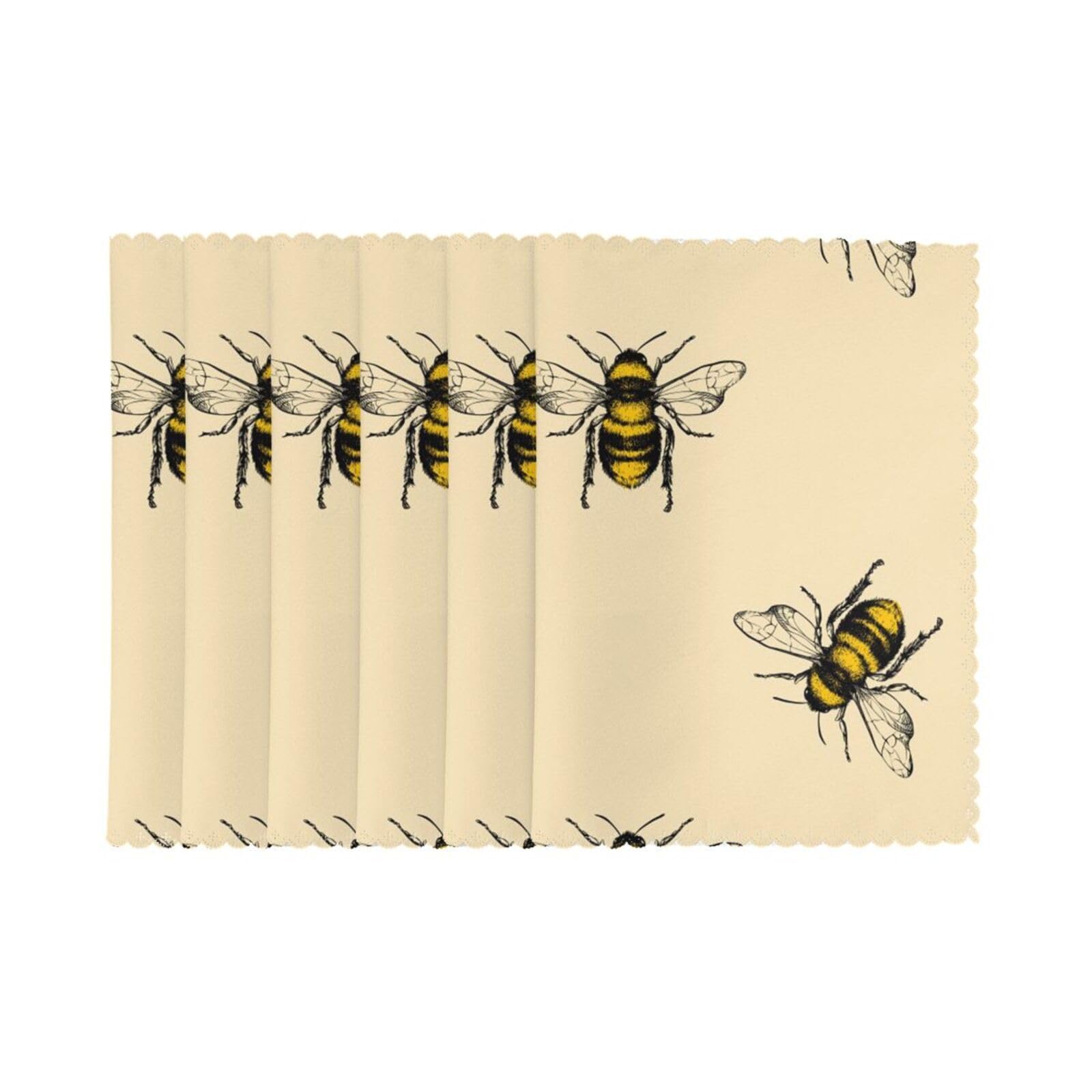 6 PCS Heat Resistant Placemat 45x30 CM, Honey Bee Printed Non-Slip Place Mats for Kitchen Dining Table Indoor Outdoor