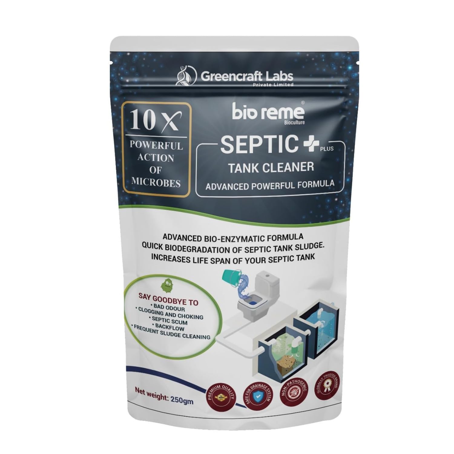 Bio Reme Greencraft Labs Septic Plus 10X Powerful Septic Tank Cleaner | Degrades Human Waste & Food Waste | Odour Removing Bacteria Powder | Available in Pack of 1 (250 gm)