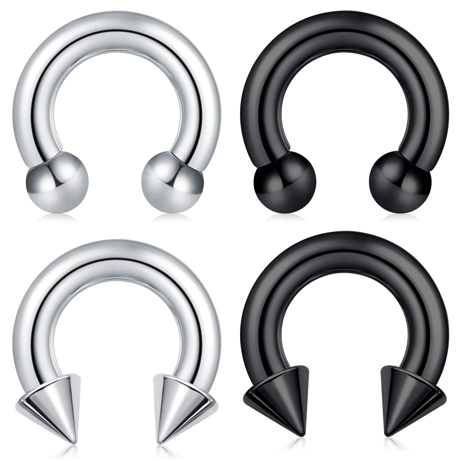 AnicinaInternally Threaded Circular Horseshoe Barbells Stainless Steel PA Rings Hoseshoe with Polished Ball & Spike Curved Piercing Jewelry 2G 3G 4G 5G 6G,4Pcs