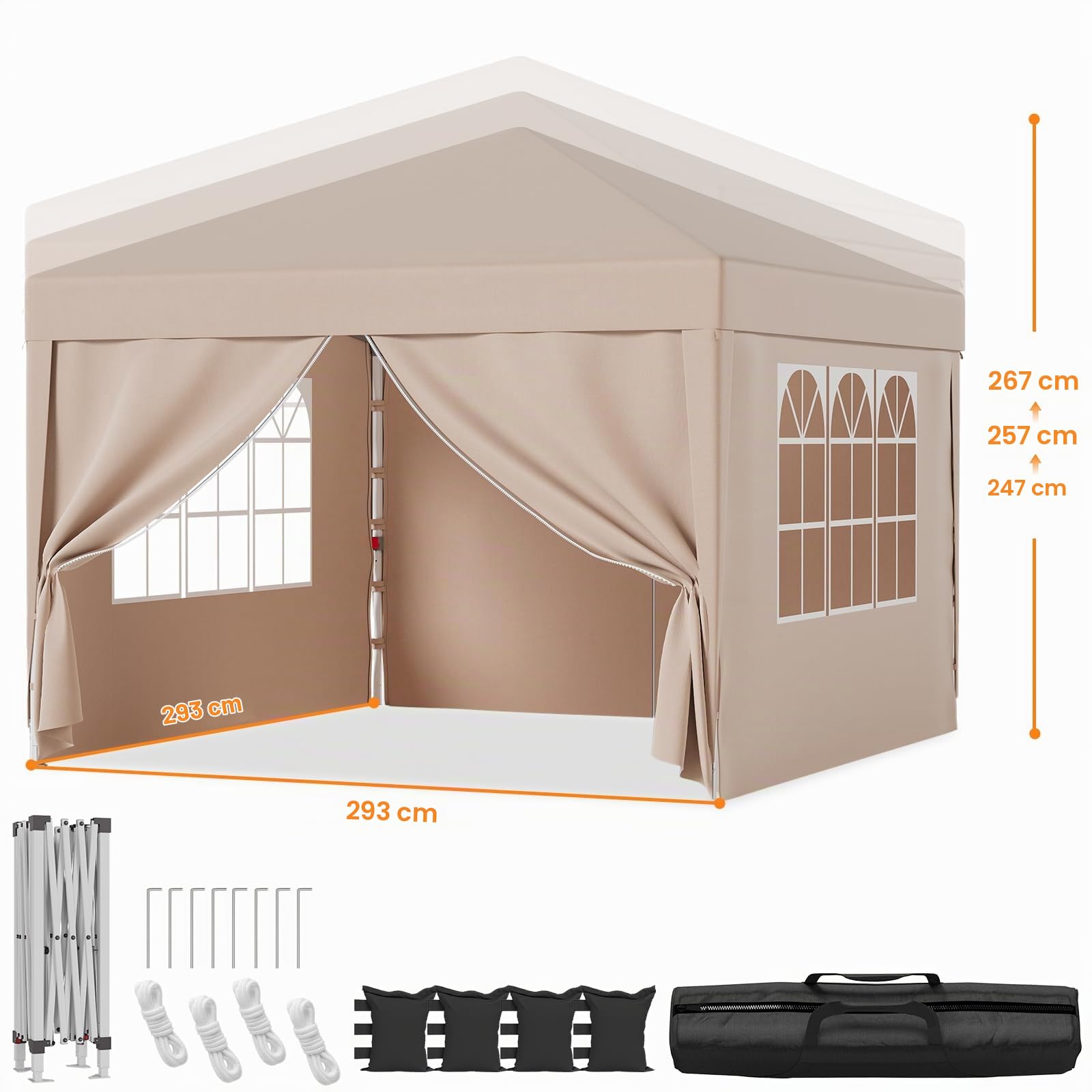 TRIUMPHKEY Carpa Plegable 3x3 Impermeable con Tres Ajustes de Altura, Cenadores para Jardin con 4 Paredes Laterales Desmontables, Carpas para Exteriores para Jardín, Camping, Playa, Beige