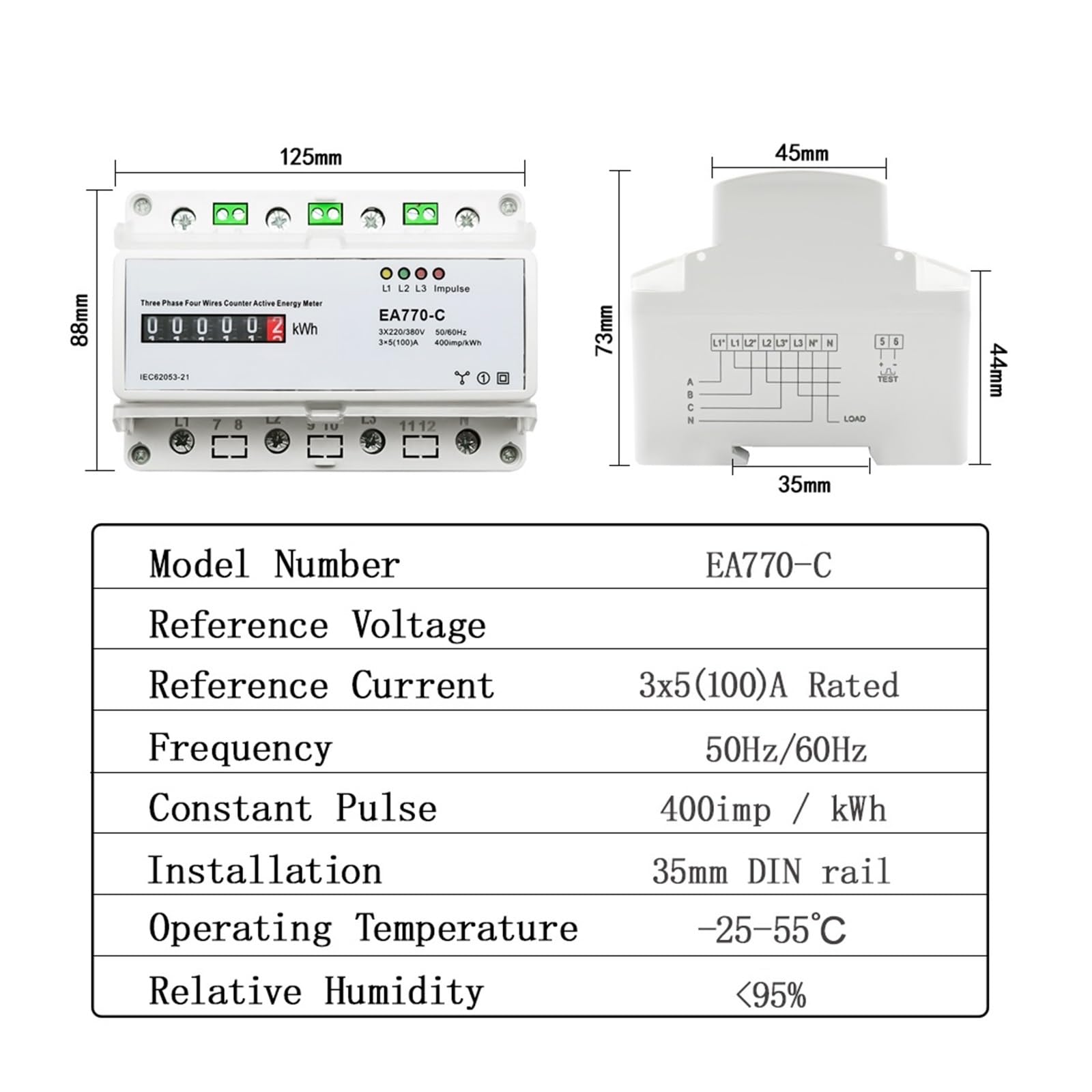 Medidor Inteligente Monitor De EnergíA Medidor De Energía Activa Electrónico Trifásico De Cuatro Cables, Monitor De Consumo De Energía KWh, Carril DIN 3 * 5(100) A 50/60Hz LCD