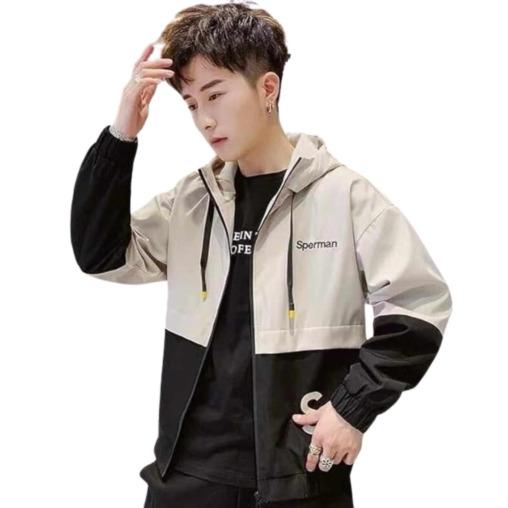 image of "anisom" Men’s Jacket with Full Sleeves Front Zipper and Hoodie Design For Casual Wear (Beige & Black L)-picture-16
