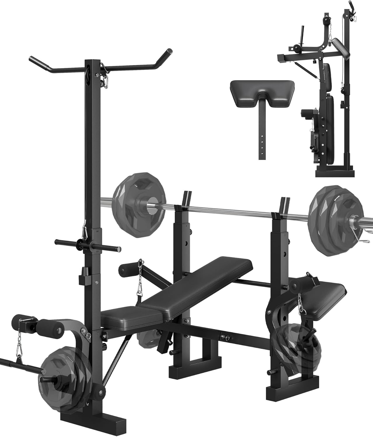 7-in-1 Adjustable Weight Bench Press Set for Home Gym – Includes Squat Rack, Leg Extension, Preacher Curly Pad, Lat Pull Down – Collapsible Strength Training Machine for Full Body Workouts
