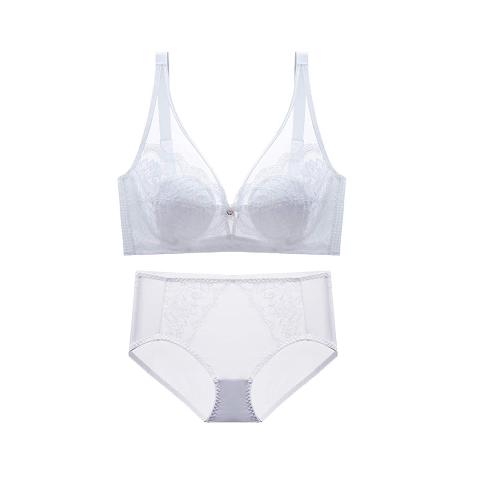 WENJUN - Conjunto de 2 piezas para mujer, sujetador sexy de encaje floral push up con aros y bragas transparentes transparentes (color blanco, tamaño: 80 A)