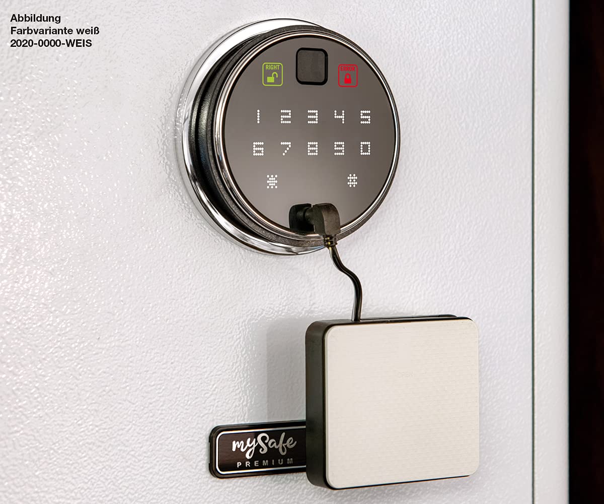 Caja fuerte electrónica para armario mySafe Premium 450, código numérico y escáner de dedos, diseño moderno, alta seguridad, color blanco