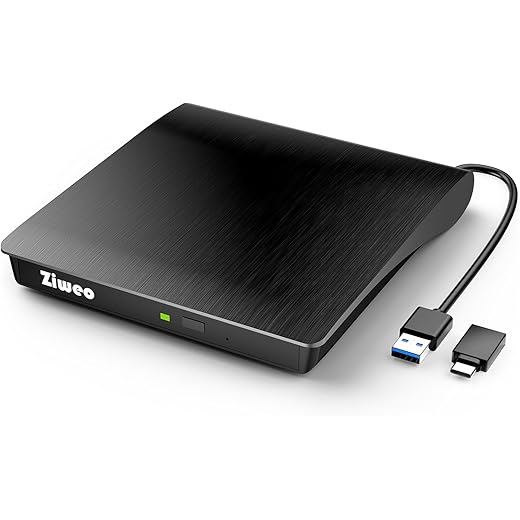 Ziweo External CD DVD Drive, Portable USB 3.0 Type-C CD Burner CD +/-RW Drive DVD Player for ROM Rewriter Burner Compatible with Laptop Desktop PC Windows MacBook Linux Mac OS