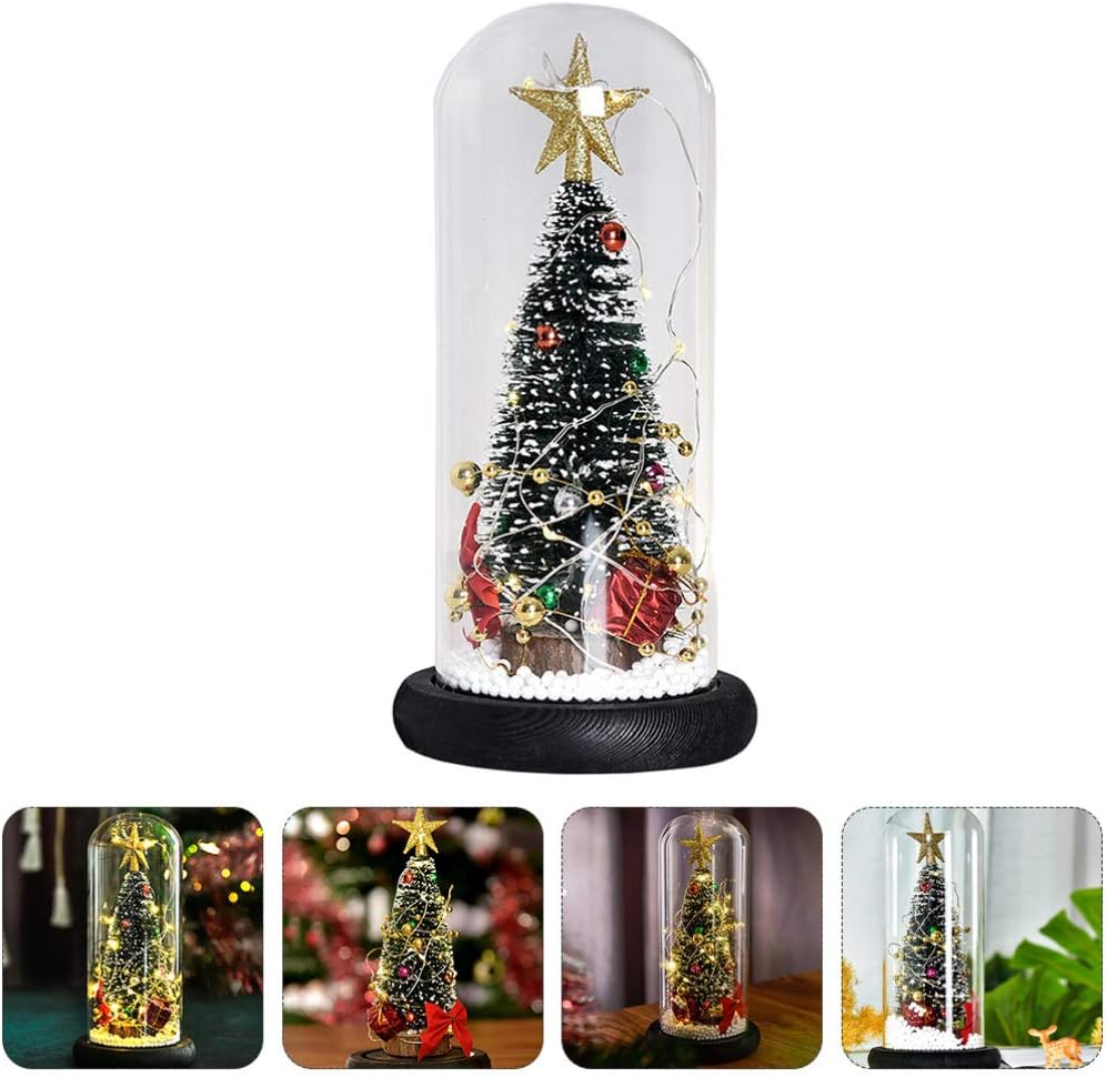 Christmas Tree in Glass Dome Tabletop Christmas Tree with Lights in Glass Dome for Xmas Home Indoor Room Christmas Decorations Desktop