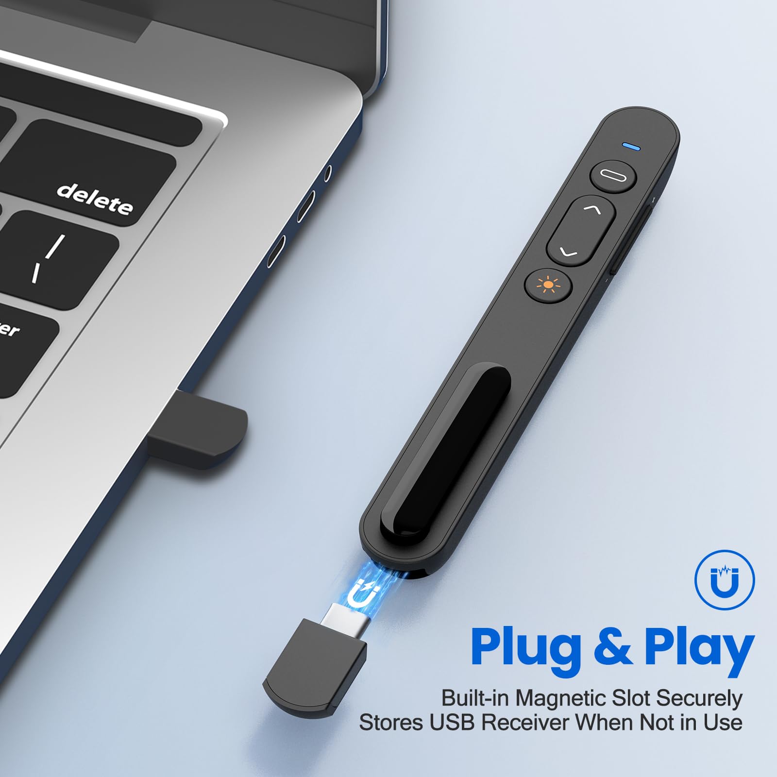 Puntero Presentaciones, Presentador Inalámbrico de 2,4 GHz con Receptor USB-C Control Remoto de Presentación para Profesores, Oficina, Reuniones, informes - Admite Hipervínculo y Control de Volumen