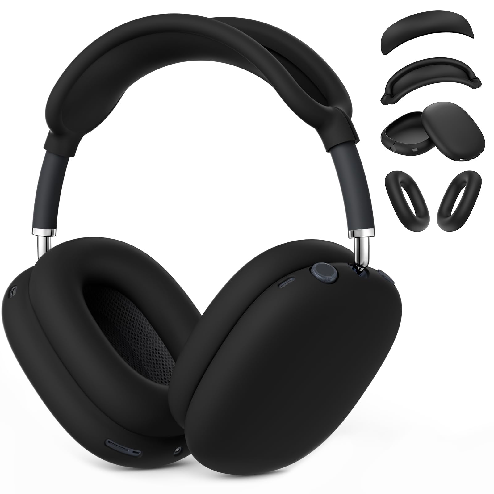 Case for Airpods Max Headphones, Silicone Ear Pad Case Cover/Ear Cups Cover/Headband Covers Accessories for Apple AirPods Max (2024/2020)(USB-C/Lightning)[4 in 1], Black