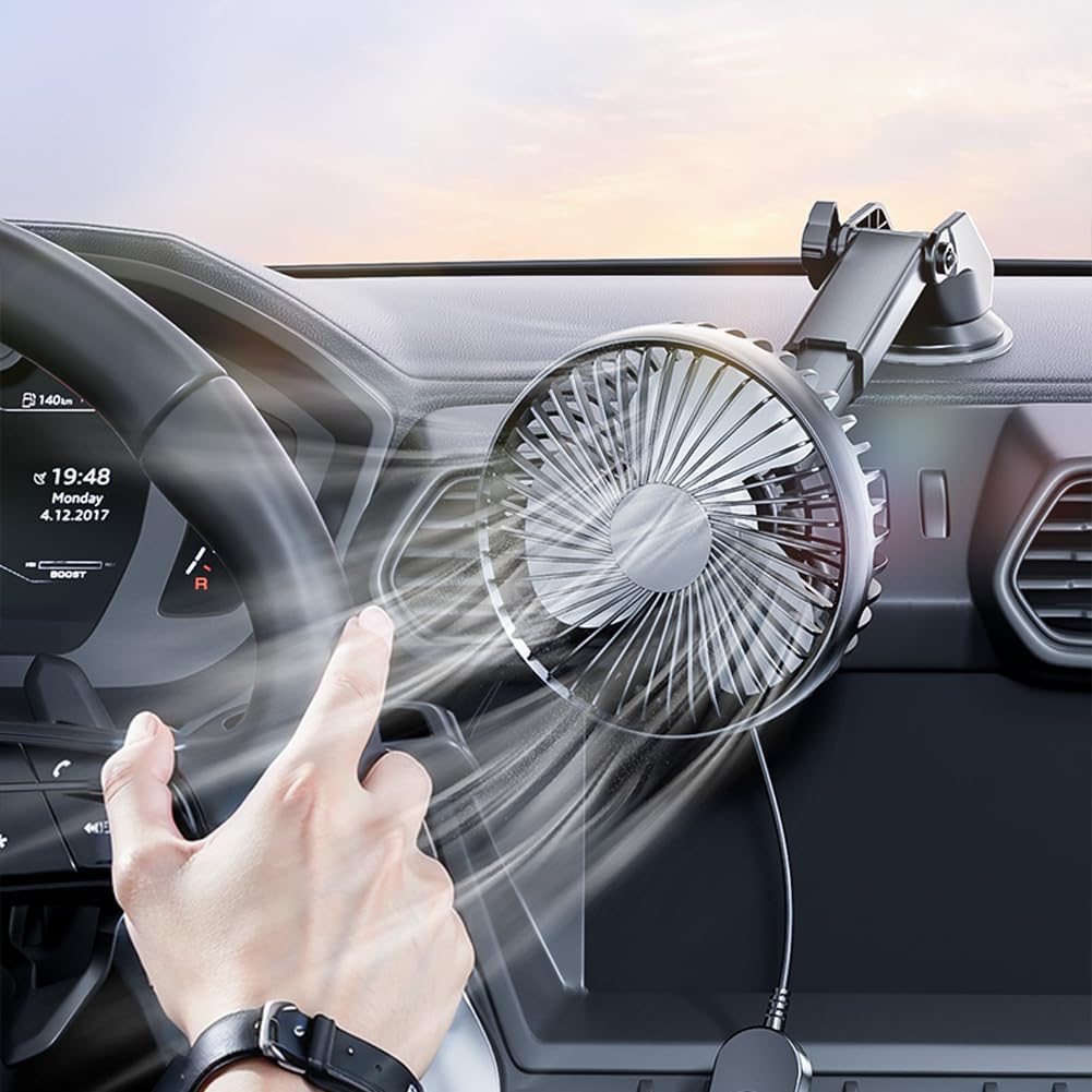 Ventilatore da Auto, Mini Ventilatore per Cruscotto, Regolabile a 360° con Ventosa, 3 Velocità, Filtro per Auto con Testa Singola