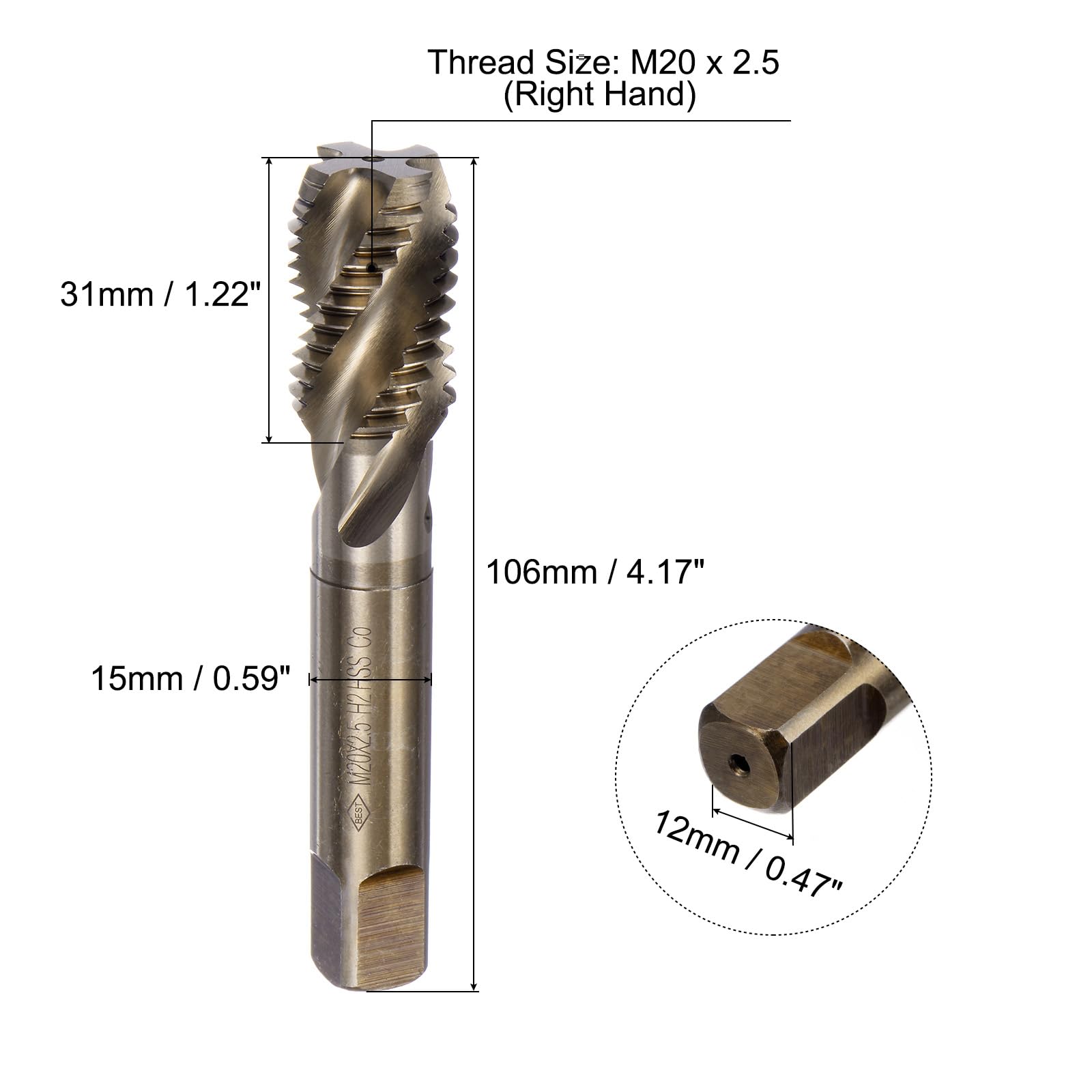 QUARKZMAN Tarauds à Filetage en Spirale Métrique, M20 x 2,5 H2, Outils de Taraudage pour Machiniste (Acier Rapide M35 au Cobalt (Hss-Co), Non Revêtu)
