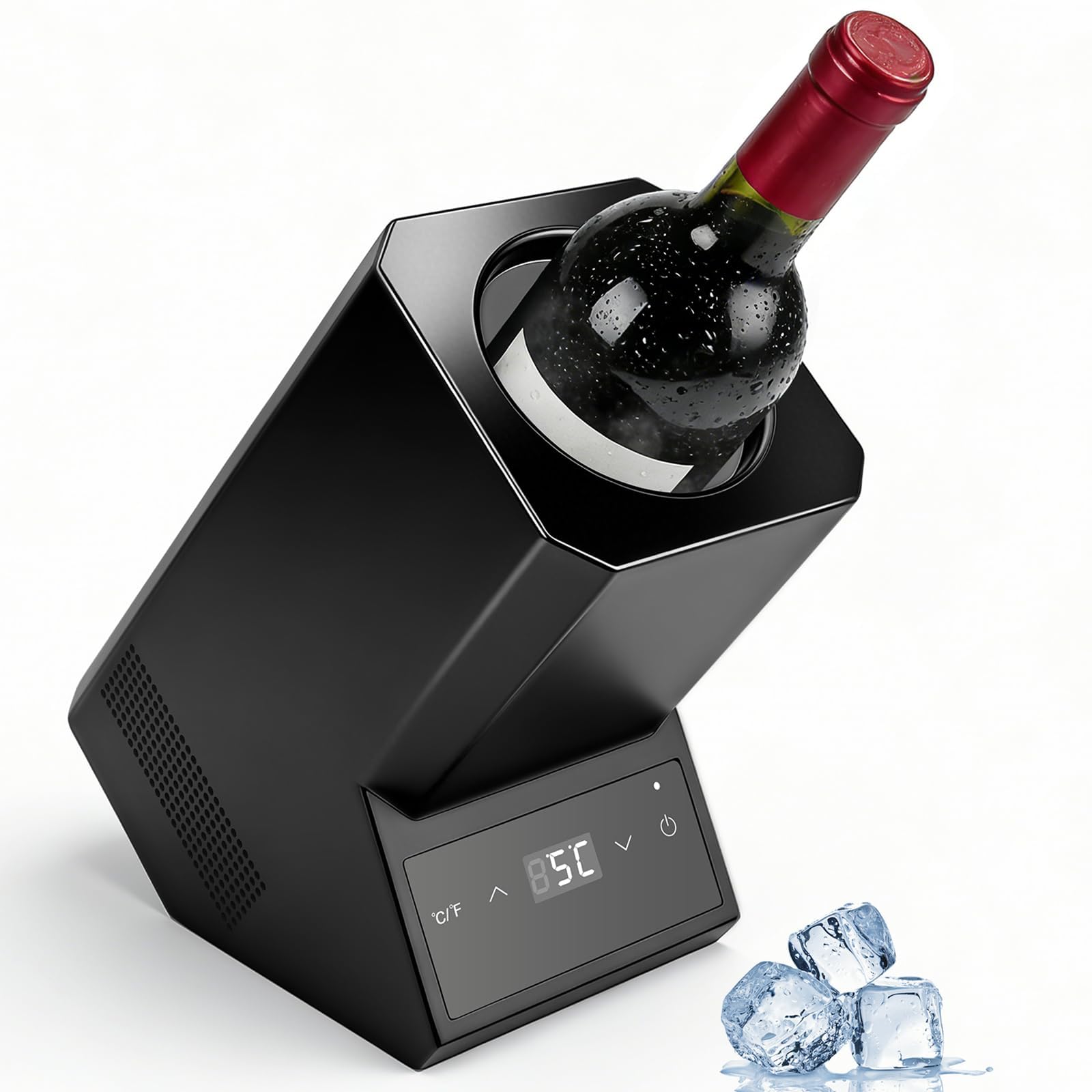 Enfriador de vino eléctrico para una botella de 750 ml, refrigeración de | Sensor-Touch, 24 horas de funcionamiento continuo, 39 dB, 5-18 °C, hasta 9 cm de diámetro, LED Dispaly