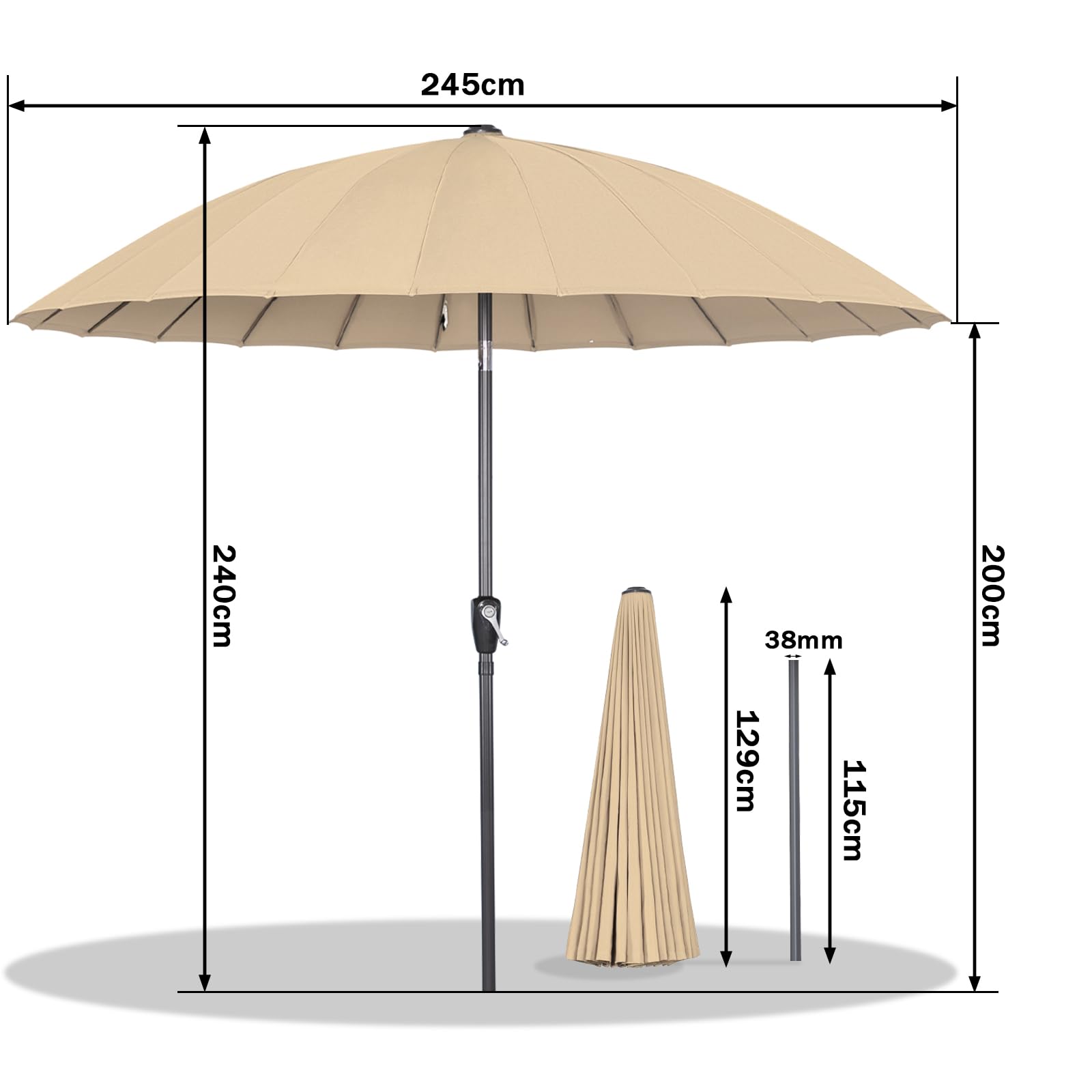 Angel Living 250cm Sonnenschirm Sonnenschutz neigbar Rostfrei aus Stahl und Polyester (Beige)