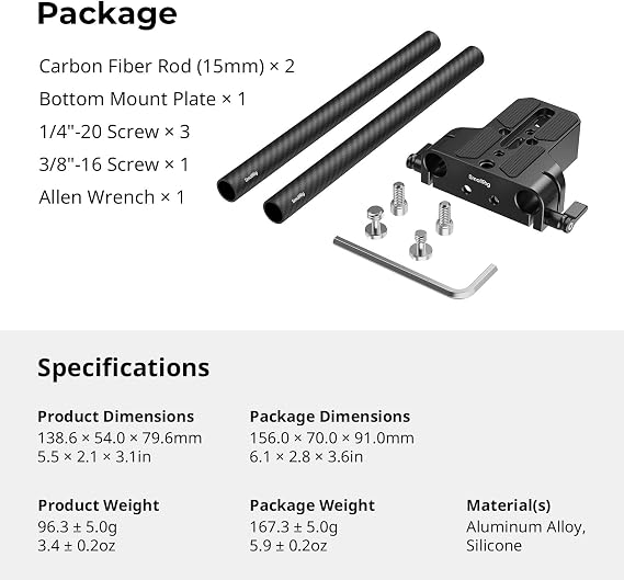 SMALLRIG Camera Base Plate Kit with 15mm LWS Rod Rail Clamp, Dual 15mm Rod